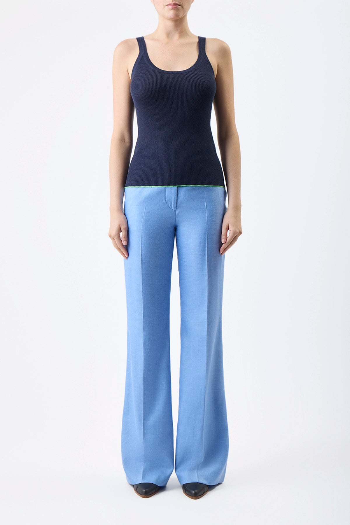 Vesta Pant - Light Blue Virgin Wool & Silk Linen Twill Trousers for Women | Comfortable Office Pants, Business Casual Wear & Travel Outfits