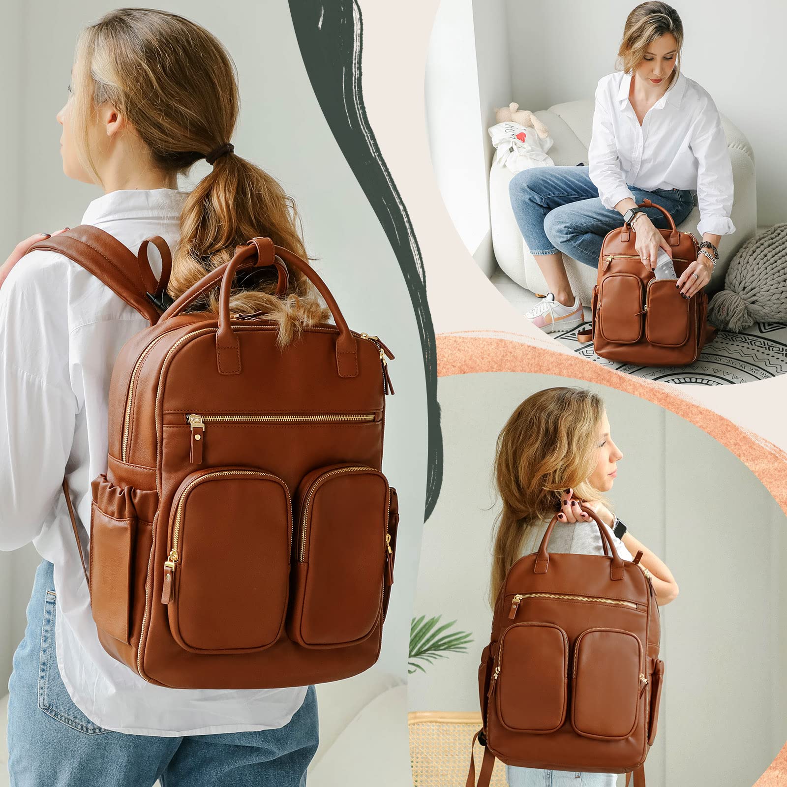 Premium Leather Diaper Backpack for Moms & Dads - 18 Pockets, 4 Insulated Compartments, Changing Station & Stroller Straps (Brown-Grey) - Perfect Baby Travel Bag for Boys & Girls, Ideal for Daycare, Family Outings & Airplane Travel