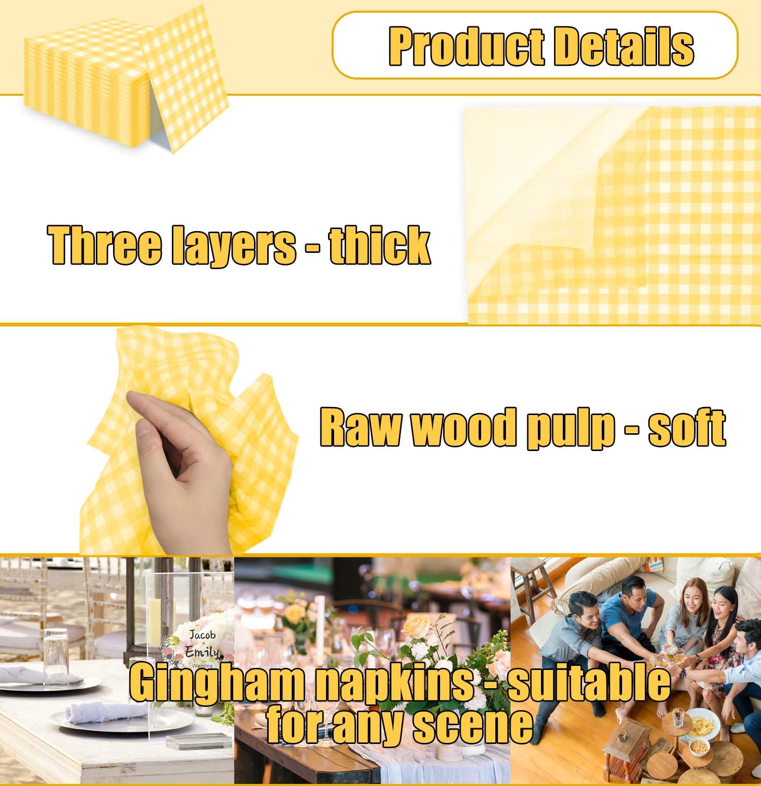 50-Pack SietDESEO 3-Ply Yellow Gingham Disposable Paper Napkins - Elegant Cocktail & Beverage Napkins for Weddings, Birthday Parties, Dinner Events & Guest Hand Towels - Perfect for Formal Dining & Special Occasions