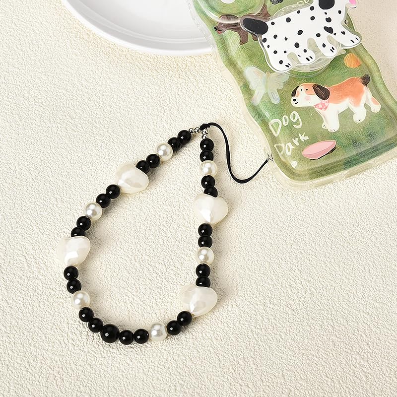 Kilener Heart Beaded Phone Lanyard - Black & White Wrist Strap with Anti-Lost Chain for iPhone Samsung Phone Cases | Cute Phone Charms Accessories for Women & Girls | Perfect for Work, School & Travel