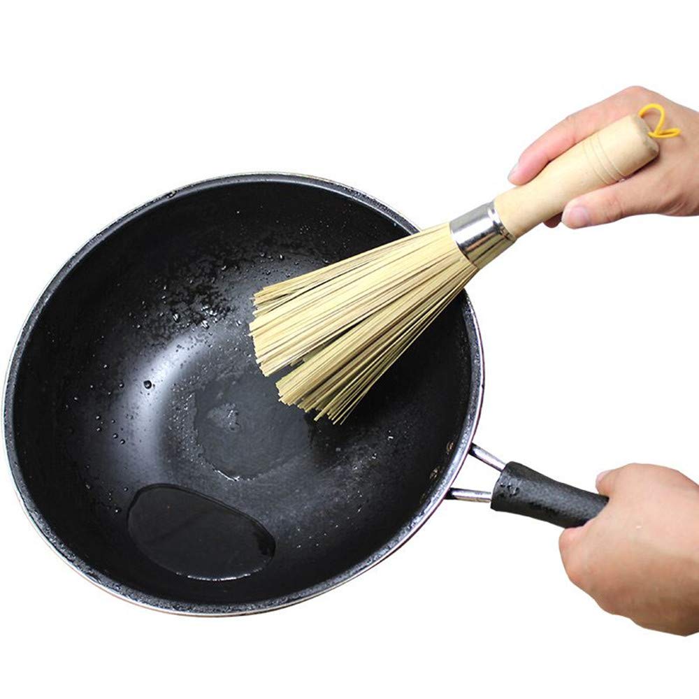 2 Pack Bamboo Wok & Pot Brush Set - Natural Wooden Handle Cleaning Brushes for Non-Stick Pans, Cast Iron Cookware, Pots and Skillets - Perfect for Kitchen, Camping and Outdoor Cooking