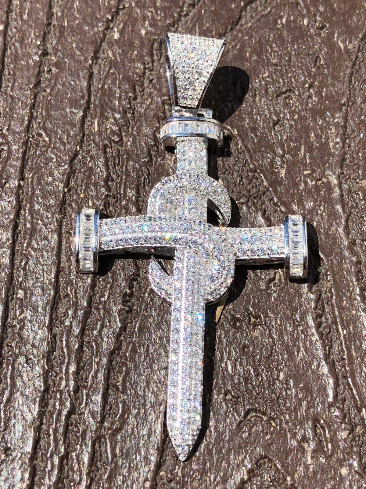 HarlemBling 925 Sterling Silver Iced Nail Cross Pendant for Men - Icy Baguette CZ Jewelry - Perfect for Hip Hop Chains & Streetwear Fashion Accessories