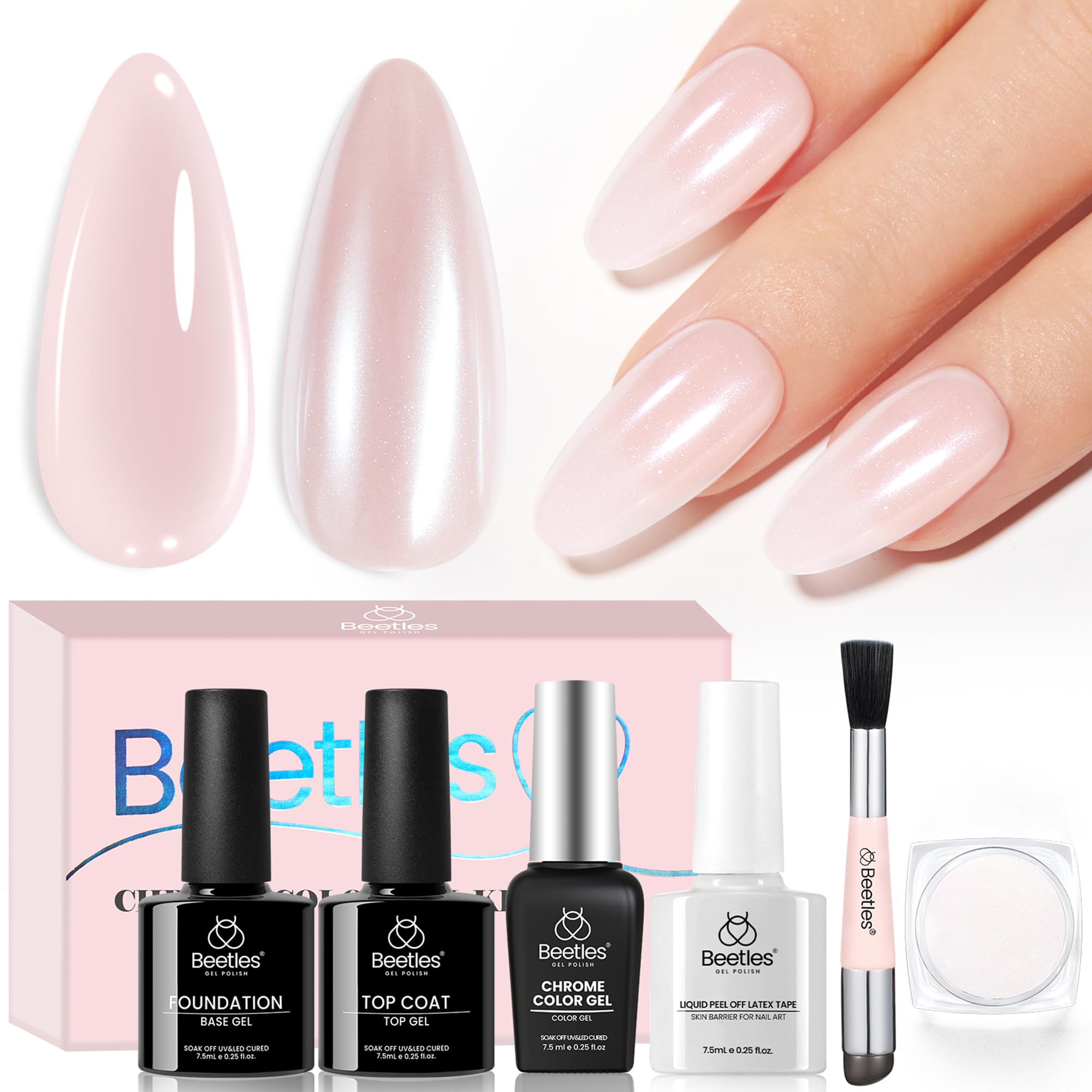 Beetles Pearl Chrome Nail Powder & Gel Polish Set - Mirror Glazed Donut Effect with Silicone Brush, Peel Off Latex Tape, Base & Top Coat | DIY Salon-Quality Manicure at Home for Parties, Weddings & Special Occasions