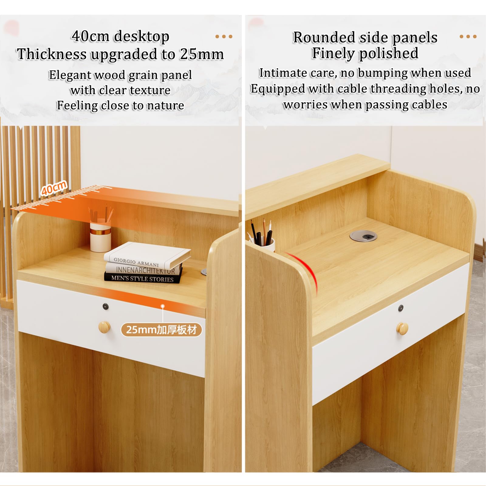 Modern Reception Desk Counter Table with Drawer Storage - Elegant Retail Front Desk for Clothing Stores, Salons, Hotels & Offices - Durable Cashier Cabinet with Open Design for Professional Workspaces