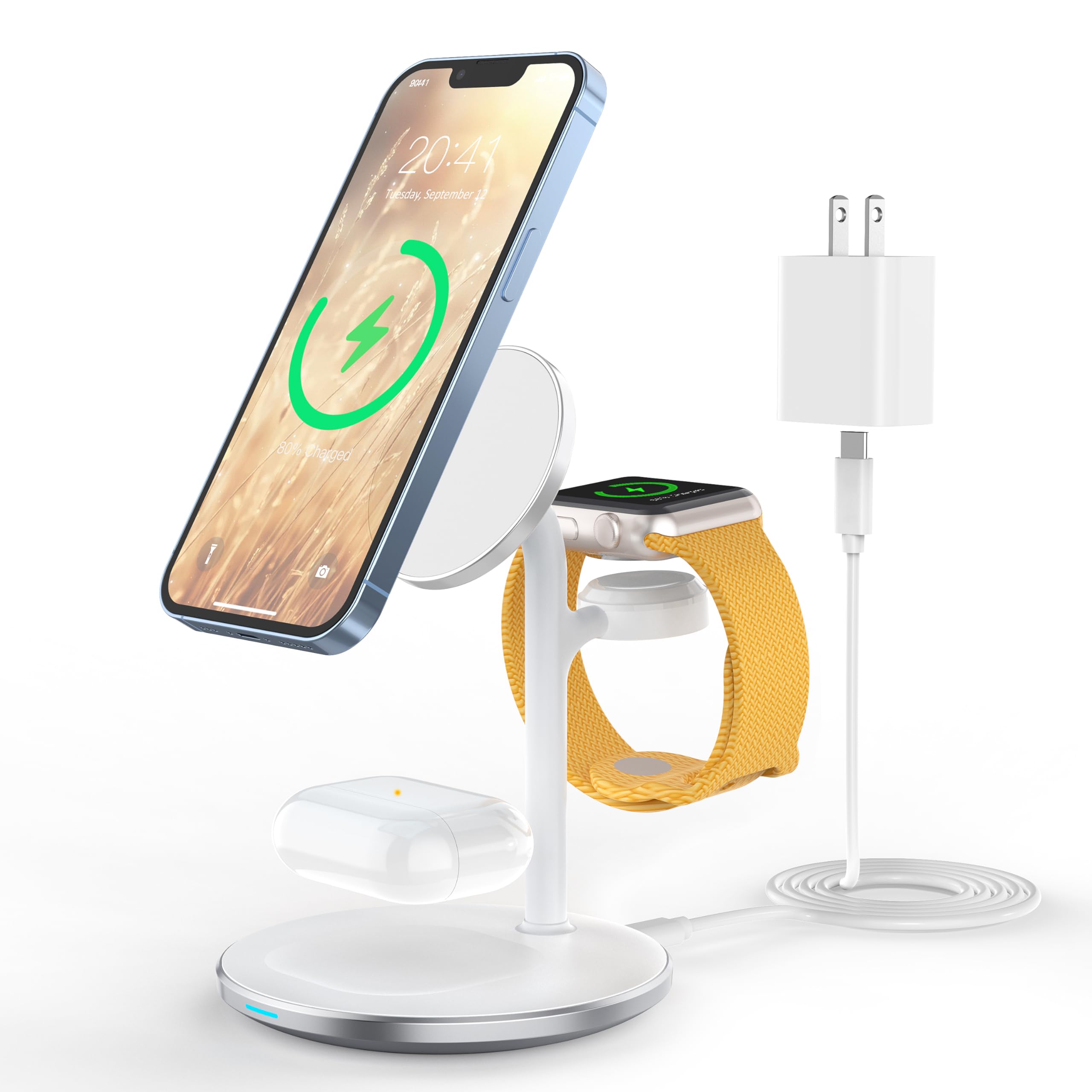 3-in-1 Wireless Charging Station for iPhone 16/15/14/13/12 Pro Max/Plus/Pro/Mini, Apple Watch Ultra 1/2/S9/S8 & AirPods - 15W Fast MagSafe Charger Stand with 20W Adapter - Perfect for Home, Office & Nightstand Charging