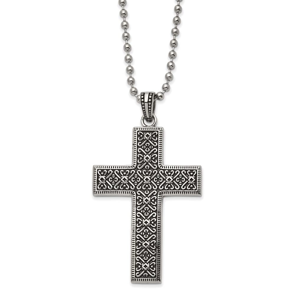 Antiqued Steel Cross Necklace - 22 Inch Black Bow for Women