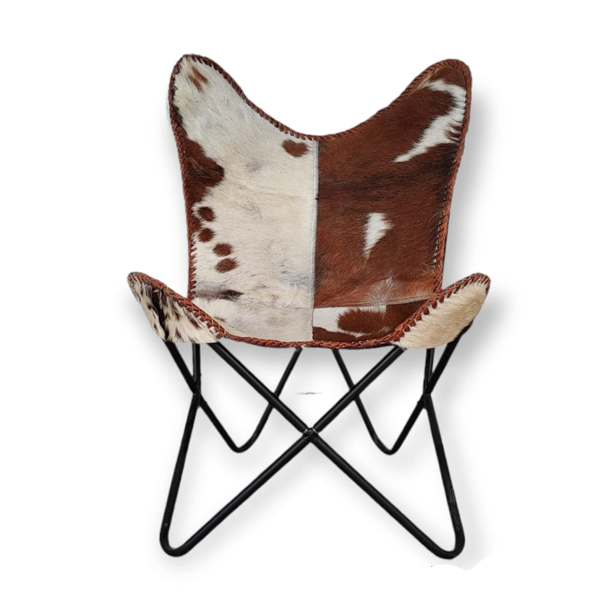 **Handmade Leather Butterfly Chair for Living Room - Vintage Folding Lounge Chair with Powder-Coated Iron Frame - Relaxing Home Décor for Indoor & Outdoor Use (White Tan Hairon)**