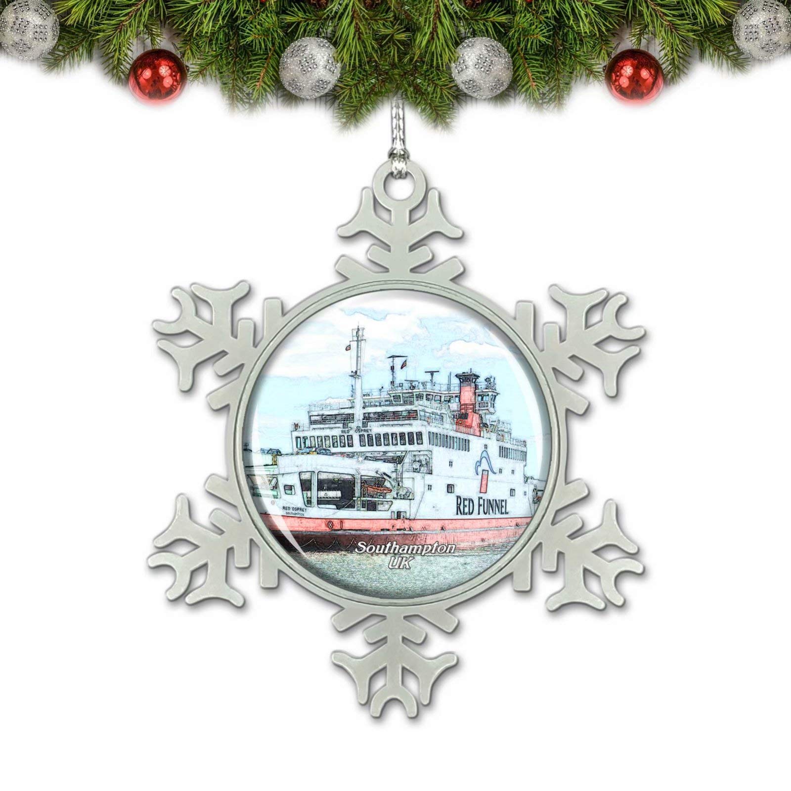 UK England Red Funnel Ferries Southampton Christmas Ornament - Crystal Metal Tree Decoration Souvenir Gift for Travel Lovers & Holiday Decor