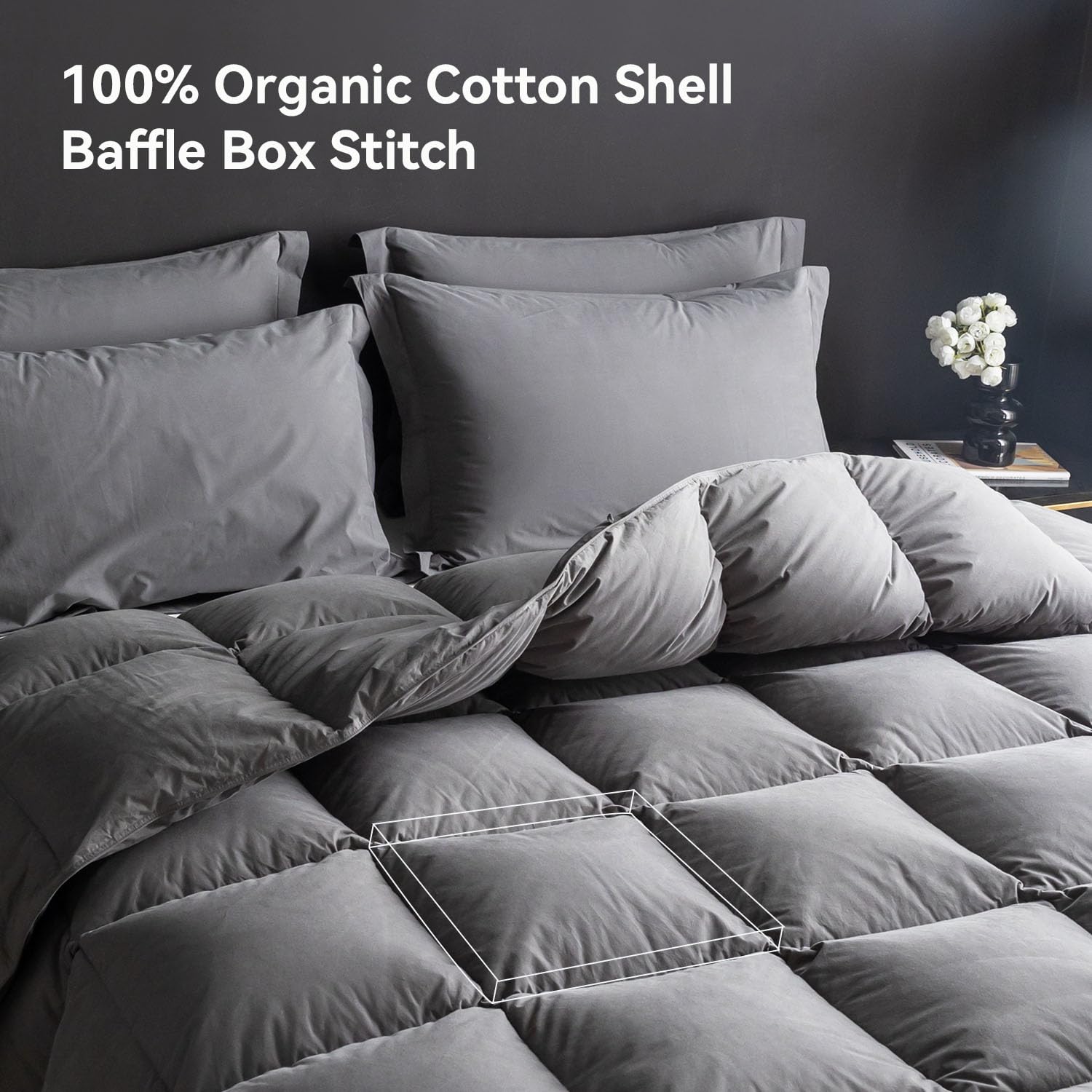 Premium 750+ Fill Power Feather Down Comforter - Full/Queen Size Hotel Luxury Bedding | 100% Organic Cotton 1200TC All-Season Grey Duvet Insert with 8 Corner Tabs | Perfect for Master Bedroom, Guest Room & Cozy Winter Nights