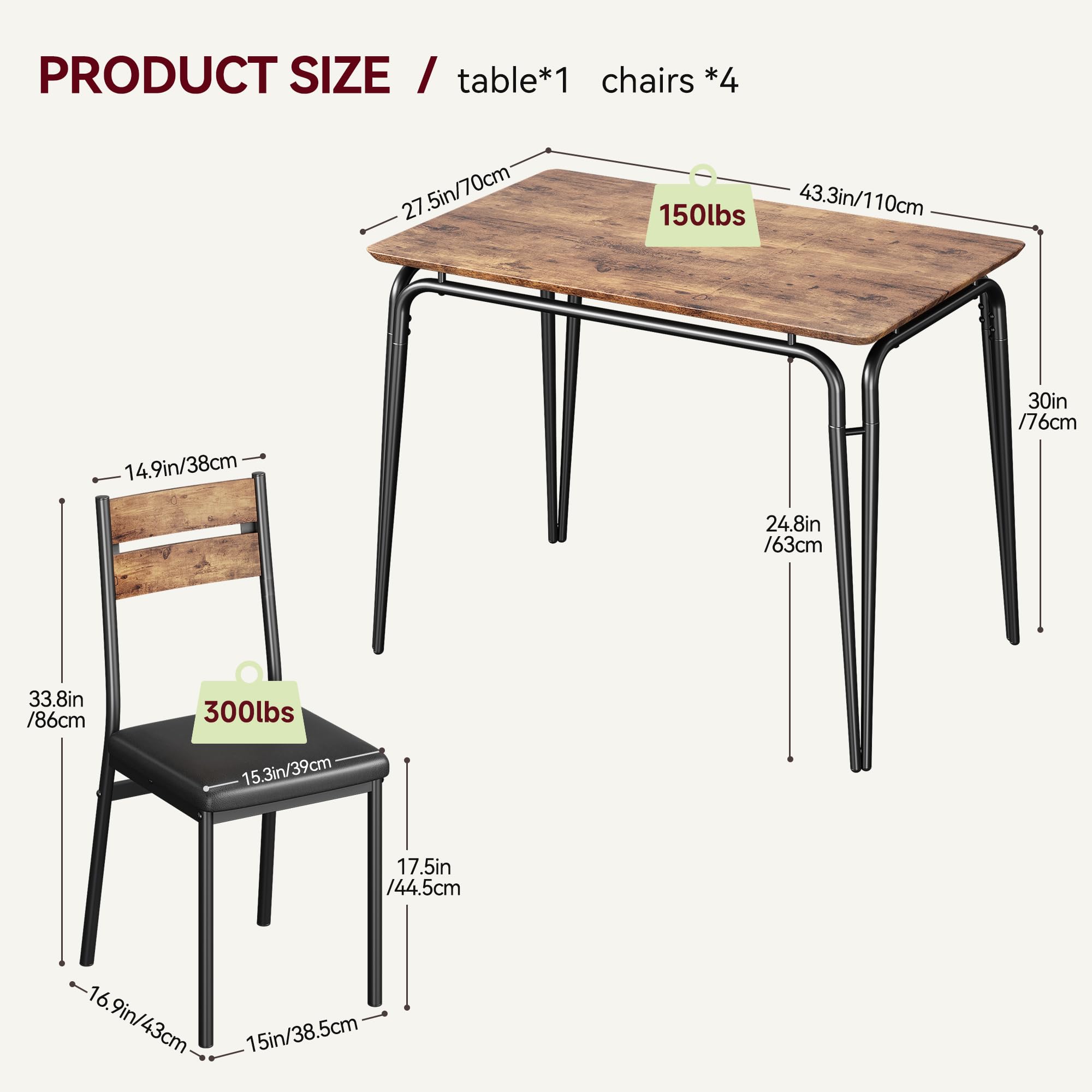 Vintage 5-Piece Small Dining Table Set for 4 with Chairs - Compact Kitchen & Apartment Dinette Furniture for Breakfast, Dinner & Small Space Entertaining