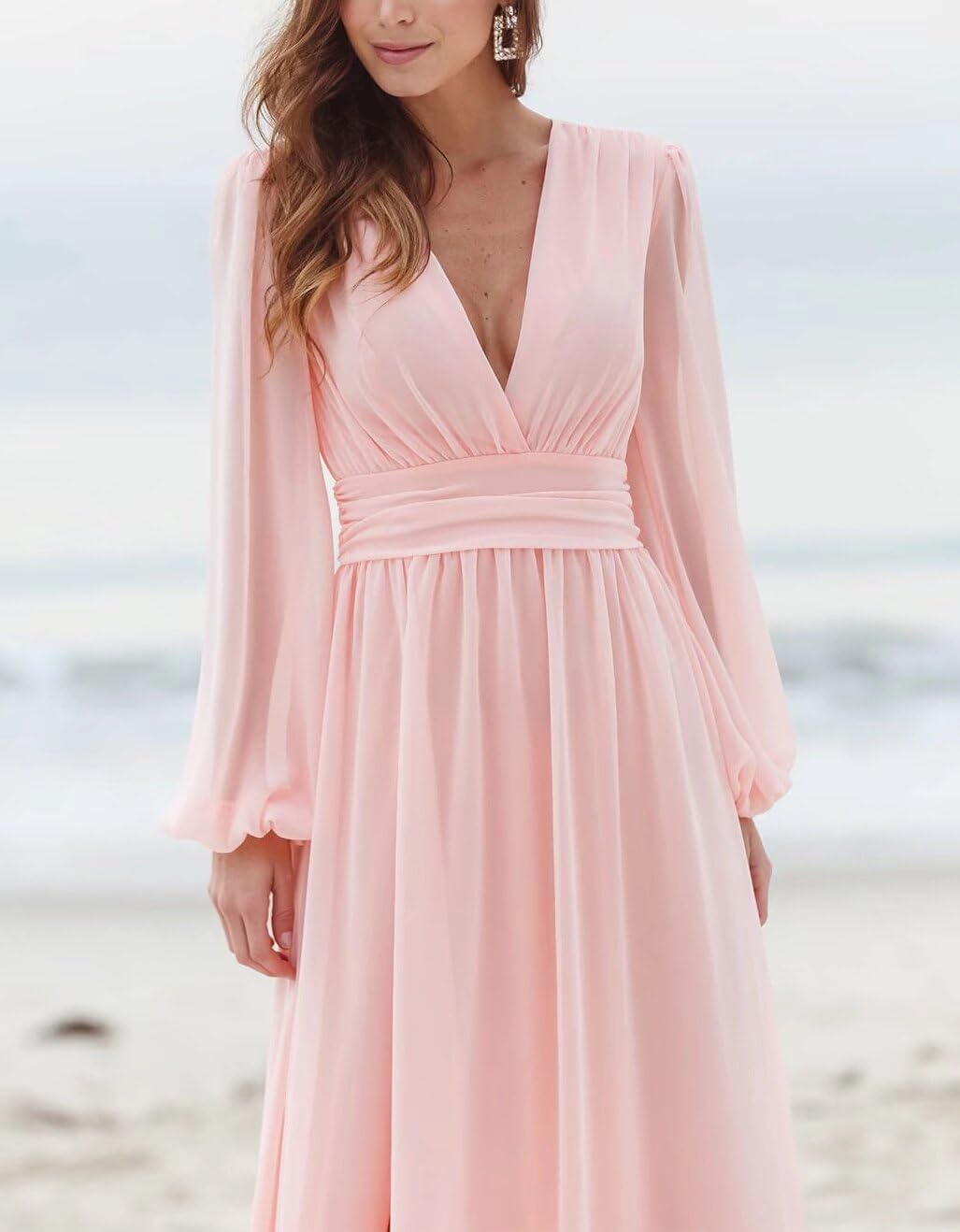 Elegant Long Sleeve V-Neck Chiffon Bridesmaid Dresses with High Slit - Formal Evening Gowns for Women Wedding Guest, Party & Special Occasions