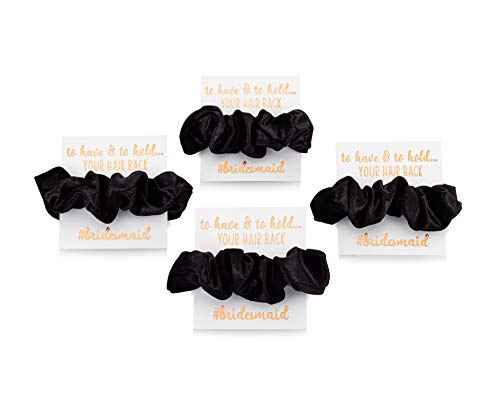 Velvet Bridesmaid Proposal Gift Scrunchies - 4 Pack Hair Scrunchies with Foil Gift Cards for Wedding Party, Bridal Shower, Bachelorette - Elegant Black Hair Accessories for Bridesmaids Gifts