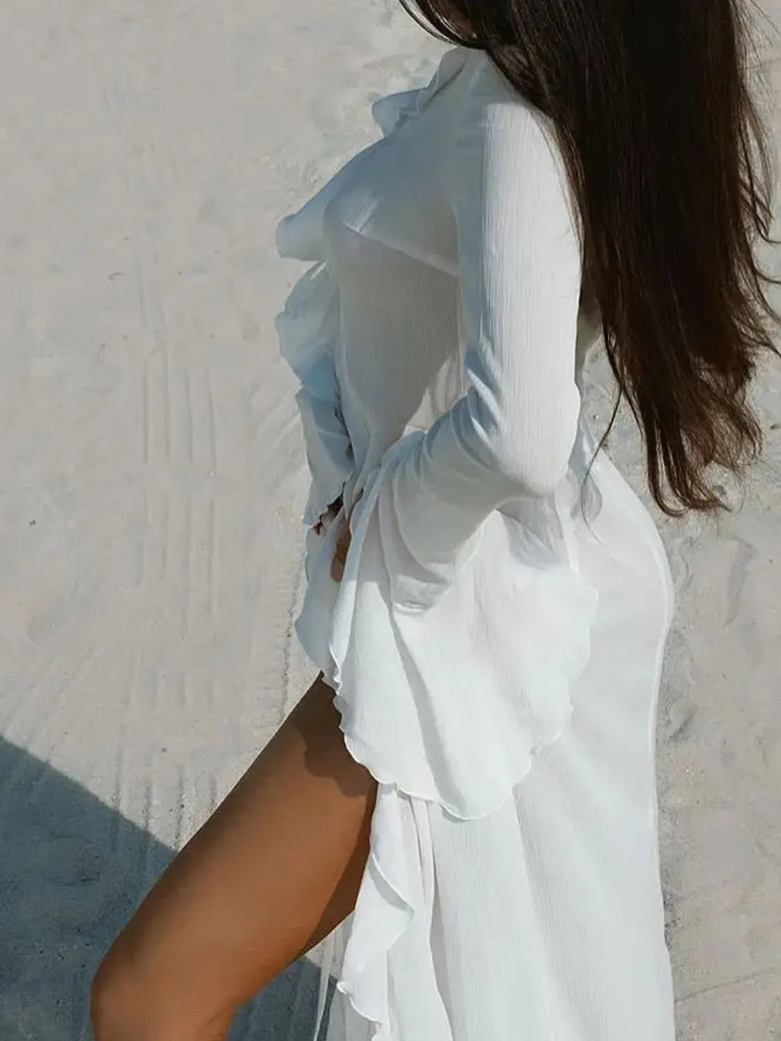 Elegant Ruffled Long Sleeve Beach Cover Up Dress - Flowy Summer Swimwear Coverup for Women, Perfect for Poolside, Vacation & Boho Outfits