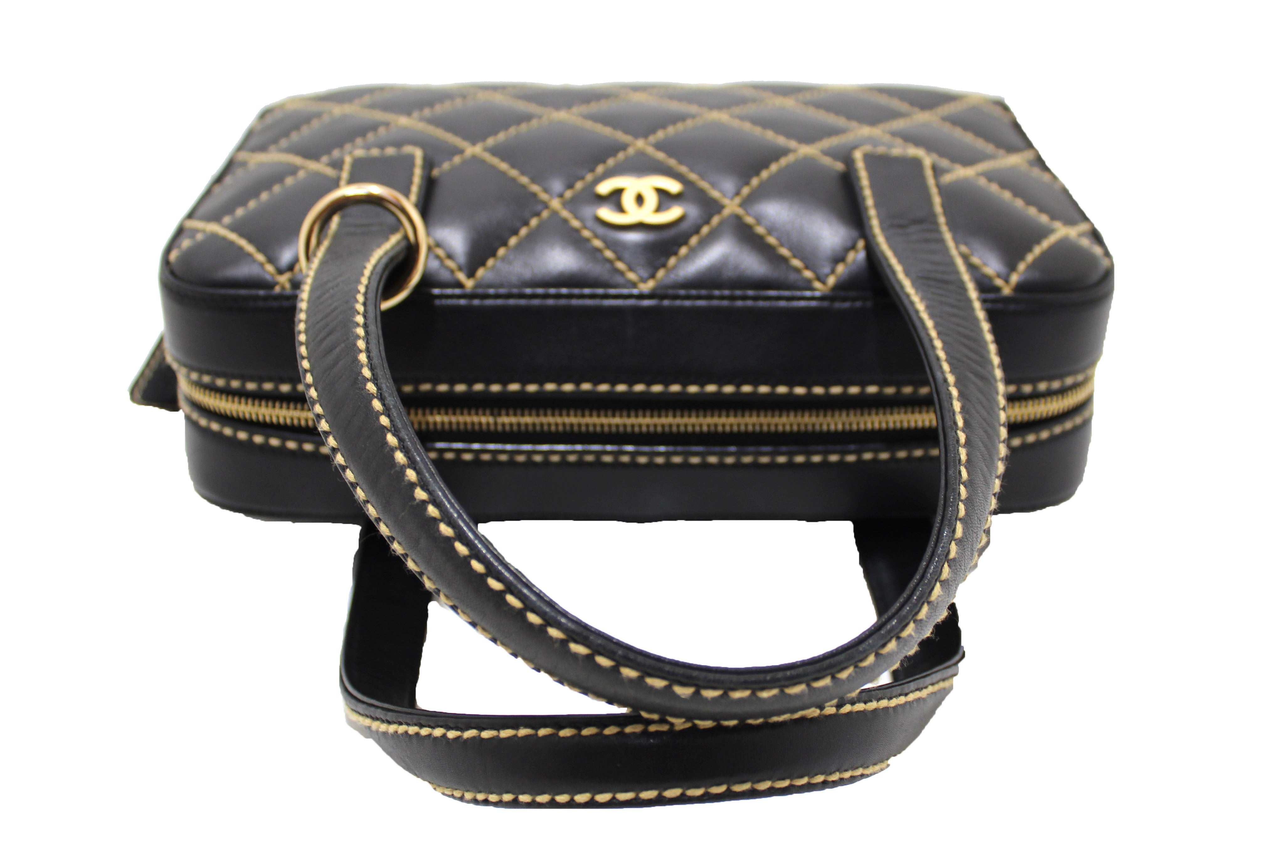 Authentic Chanel Black Calfskin Leather Bowler Bag with Contrast Stitch Surpique Detailing - Luxury Handbag for Women, Perfect for Work, Evening Events & Travel Accessories