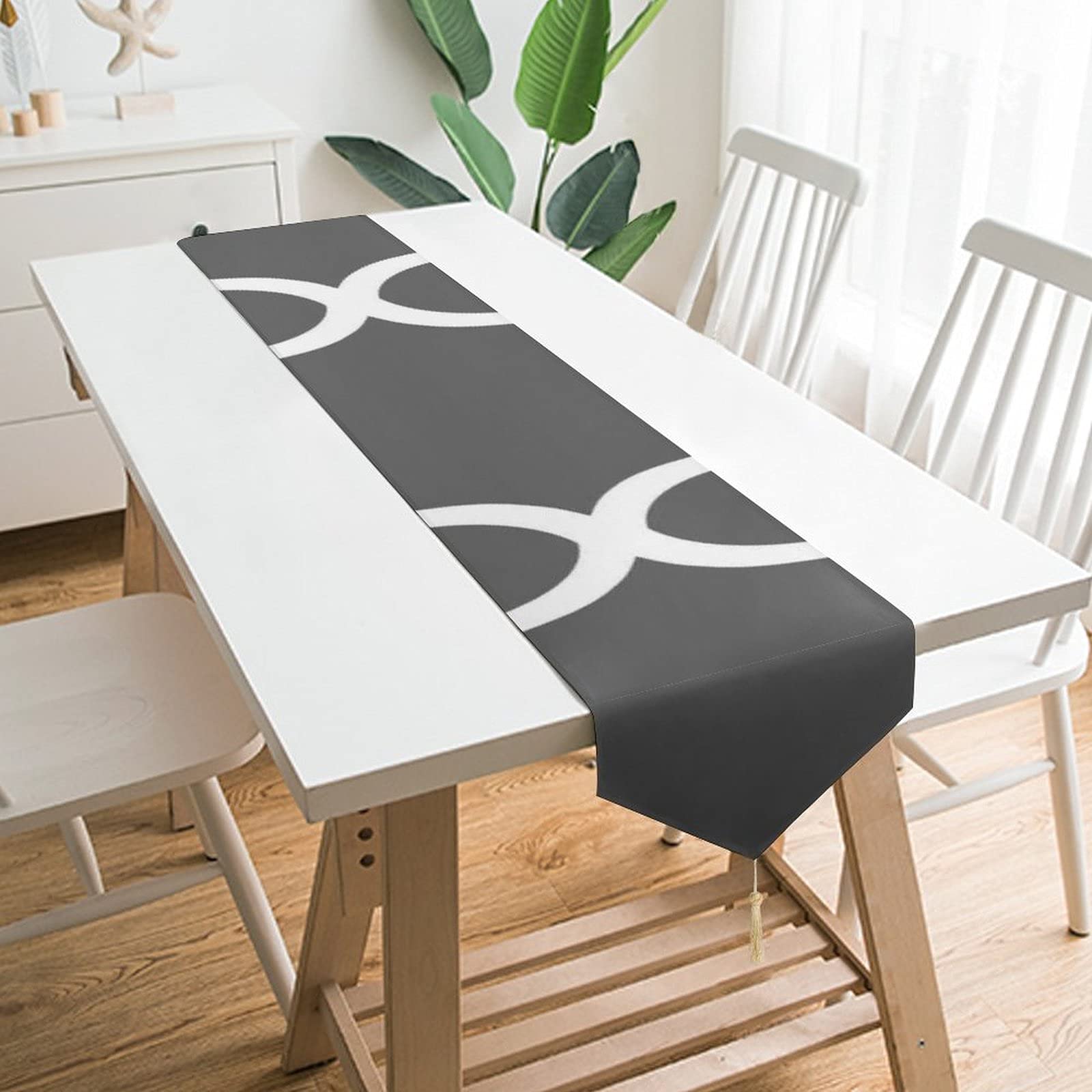 Tiukiu Charcoal Gray & White Moroccan Quatrefoil Table Runner - 90x13 Inch Farmhouse Dining Table Scarf for Kitchen, Dinner Party, Wedding Decor | Perfect for Holiday Celebrations & Home Decoration