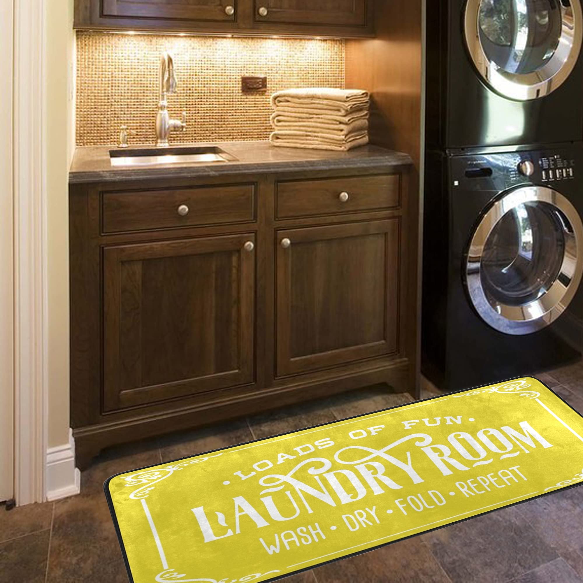 KLL Machine Washable Laundry Rug - 72x24 Inch Non-Slip Laundry Room Runner for Farmhouse Decor - Yellow Washable Rug for Front of Washer & Dryer - Perfect for Mudrooms, Utility Rooms & Laundry Areas