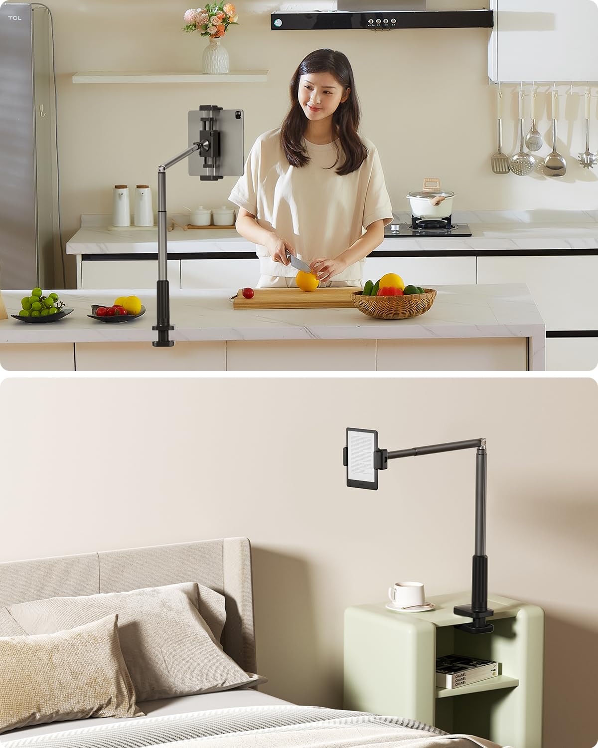 360° Rotating SupeDesk Tablet & Phone Holder for Bed - Adjustable Long Arm Clip Mount for 3.5-11