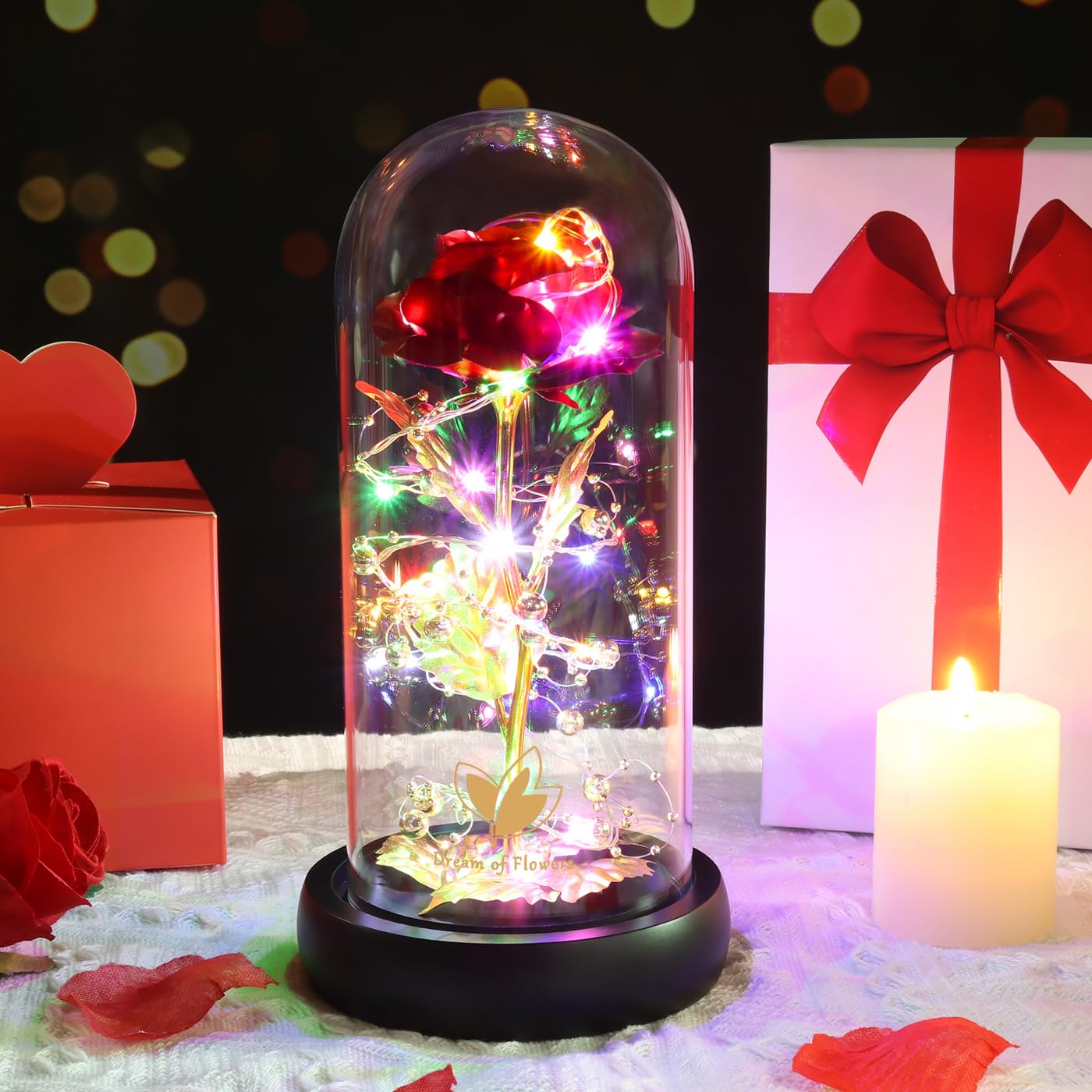 Valentine's Rose Gift for Her - Artificial Flower in Glass Dome with 2 Light Modes, Colorful Gold Foil Rose - Perfect for Weddings, Birthdays & Romantic Occasions
