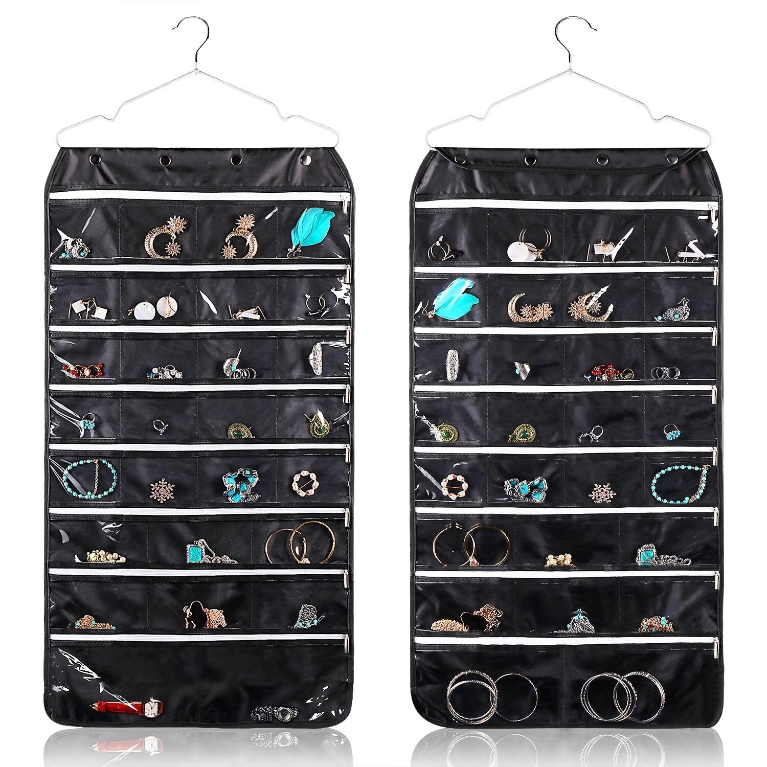 Flexzion Hanging Jewelry Organizer with 56 Zippered Pockets - Dual-Sided Closet Storage for Earrings, Bracelets, Watches & Rings | Space-Saving Jewelry Holder with Hanger | Perfect for Bedroom, Closet & Travel Organization (Black, 1 Pack)