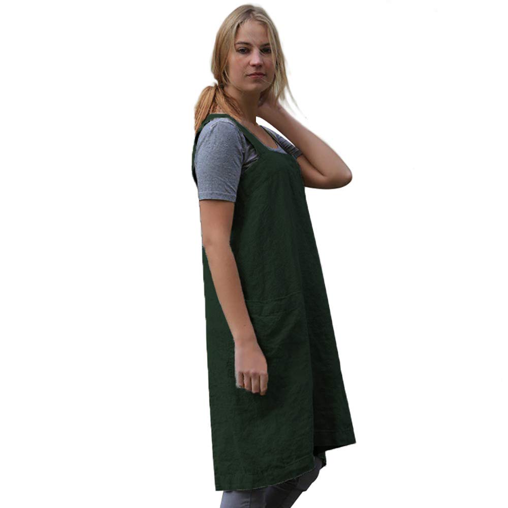 Women's Dark Green Cross Back Pinafore Apron - Cotton Linen Blend with 2 Pockets for Baking, Cooking & Gardening - Comfortable Work Dress for Home Kitchen & Outdoor Activities (Size 2XL)