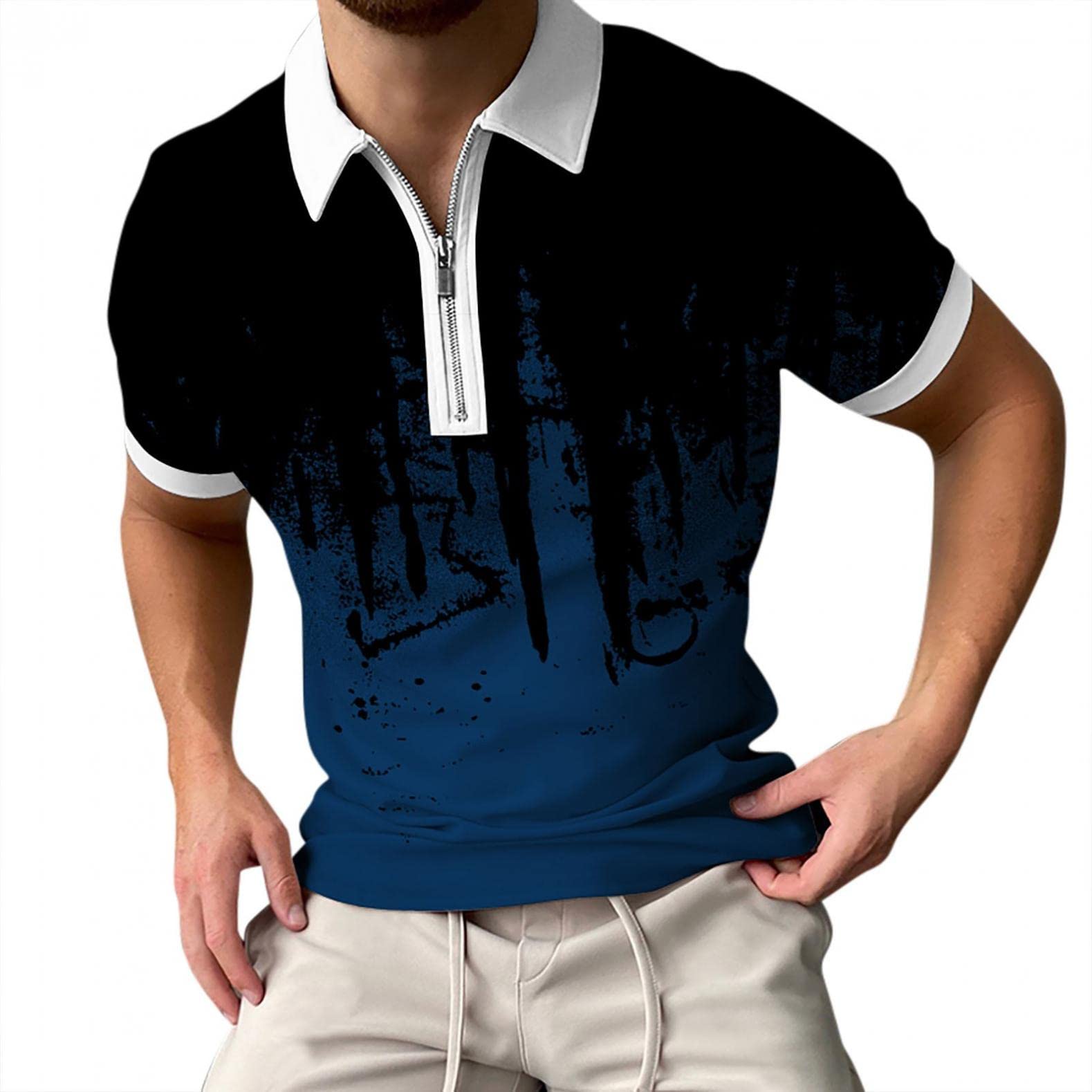 Men's Regular Fit Polo Shirt with Ink-Splattered Print & Zipper Lapel - Short Sleeve Casual T-Shirt for Men | Office Wear, Weekend Outfits & Summer Fashion
