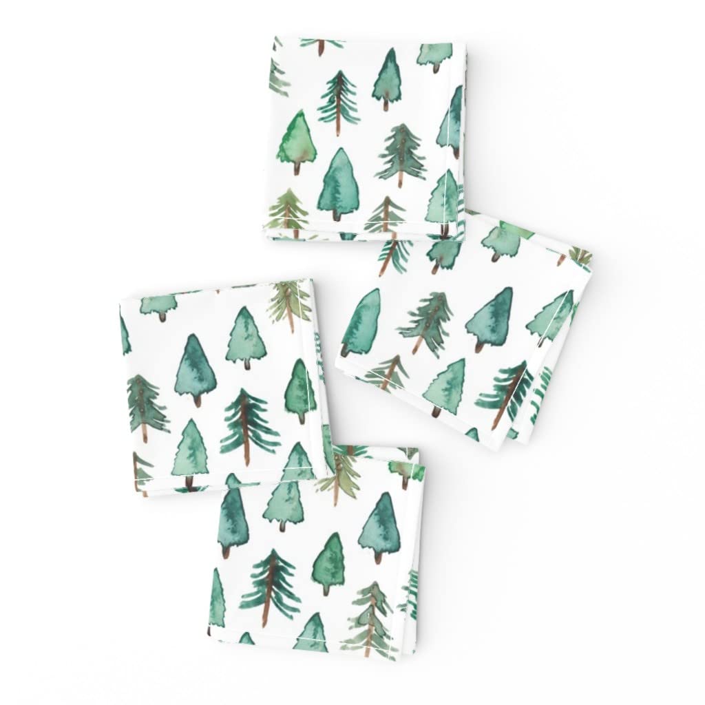 Christmas Tree Forest Printed Linen Cotton Cocktail Napkins - Set of 4 Holiday Party Drink Napkins with Pine Nature Design for Xmas Dinner, Cocktail Party & Home Decor