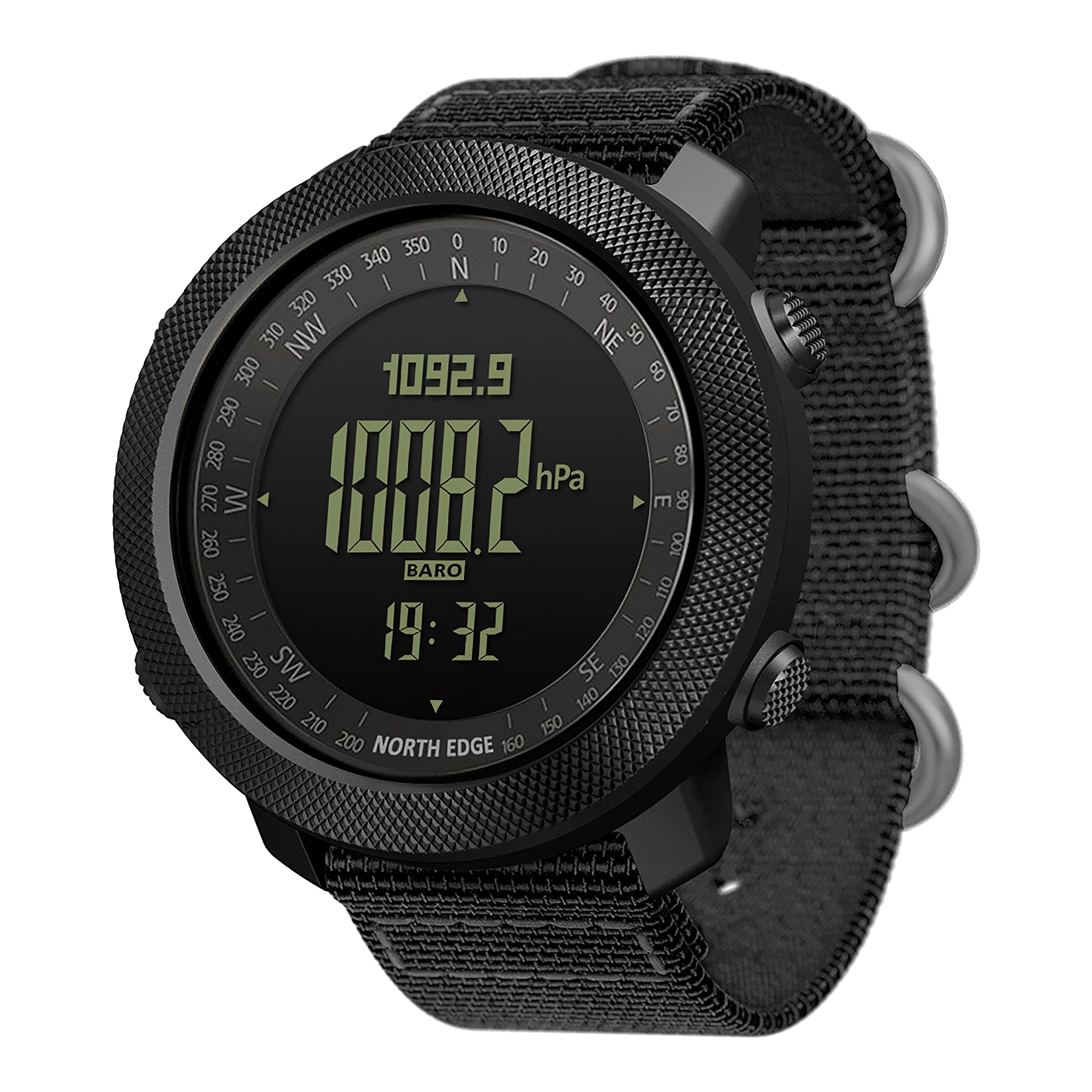 North Edge Apache Tactical Sports Watch for Men - Military Outdoor Survival Digital Watch with Compass, Step Tracker, Pedometer & Calorie Counter - Durable Band for Hiking, Camping & Adventure (Black)