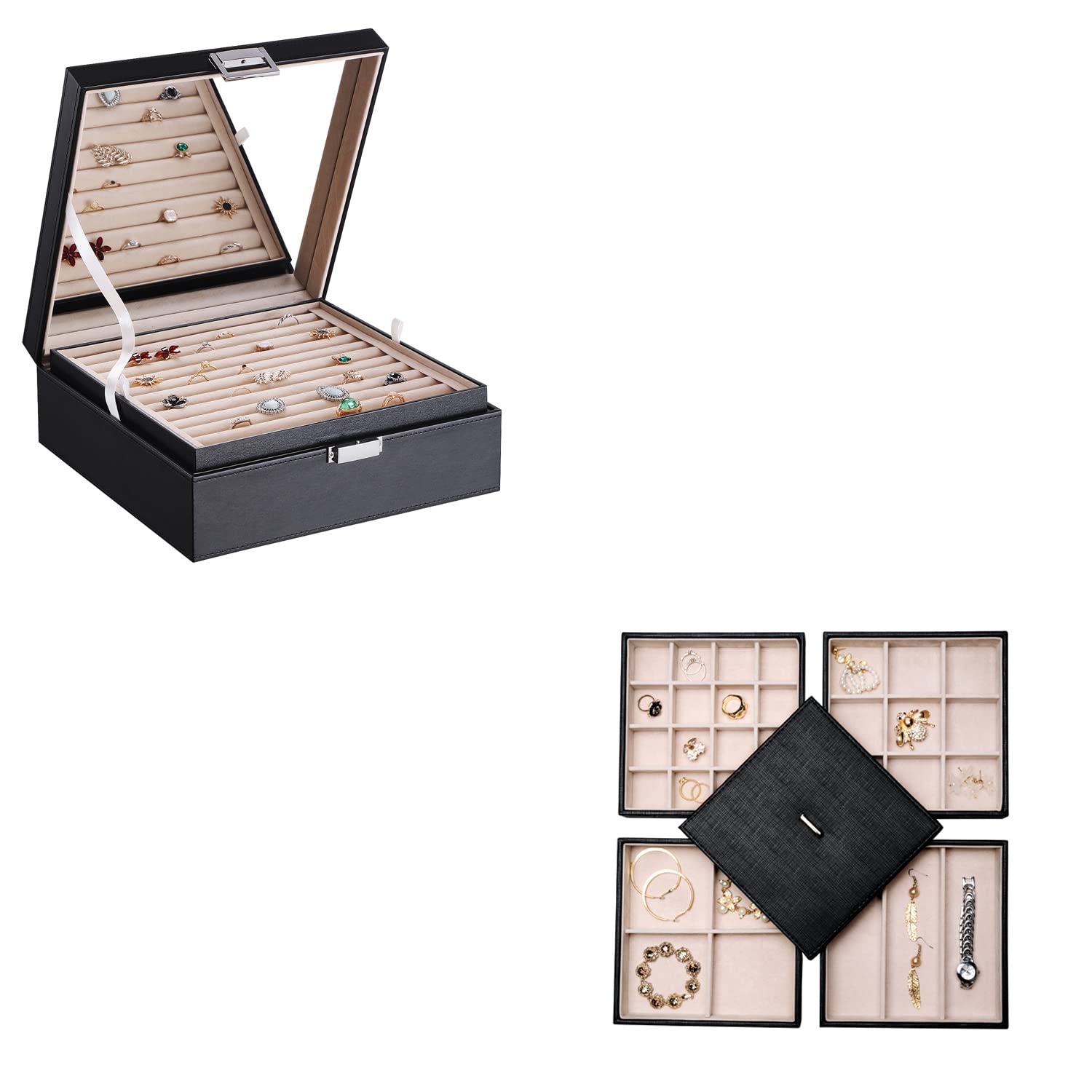 BEWISHOME Stackable Jewelry Organizer Tray with Lid - Earring Storage Box, Ring Holder for Dresser & Drawer - Perfect for Travel, Home & Gift Use