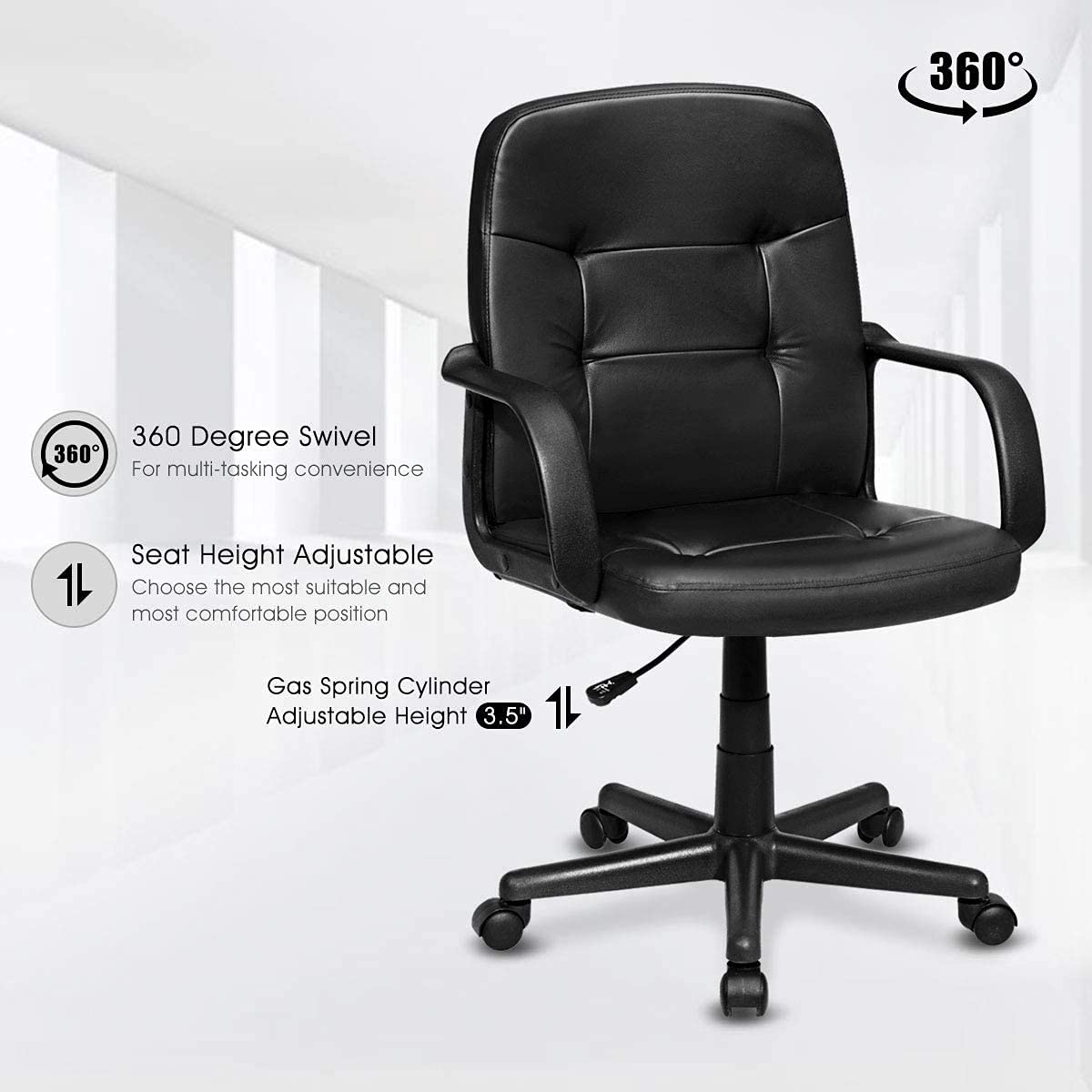 Premium PVC Leather Office Chair - Adjustable Height, Breathable Seat & Ergonomic Armrests - 360° Swivel with Smooth-Rolling Wheels - Perfect for Home Office, Gaming & Workspace (Black)