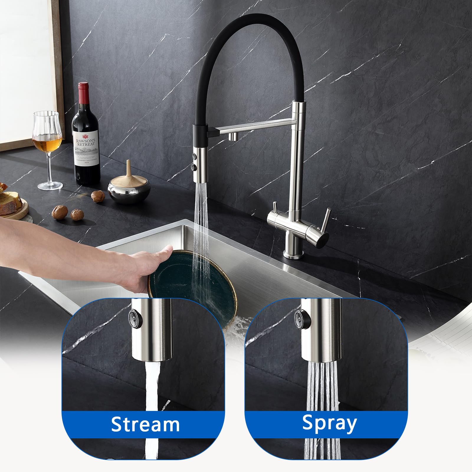 3-Way Kitchen Faucet with Water Filter - Pull Down Sink Faucet & Drinking Water Faucet - Brushed Nickel Finish - Magnetic Spray Nozzle - Perfect for Modern Kitchens, Home Renovation & Water Purification Systems