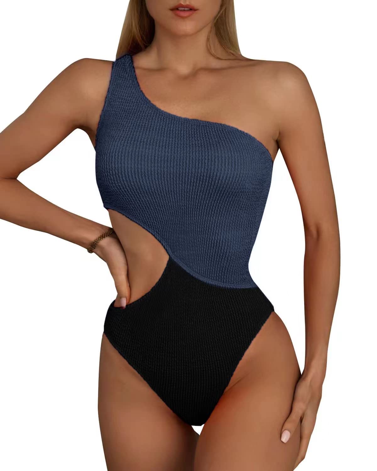 Limeeke Women's One Shoulder Cutout Monokini Swimsuit - Sexy Ribbed One Piece Bathing Suit for Beach, Pool Party & Summer Vacation