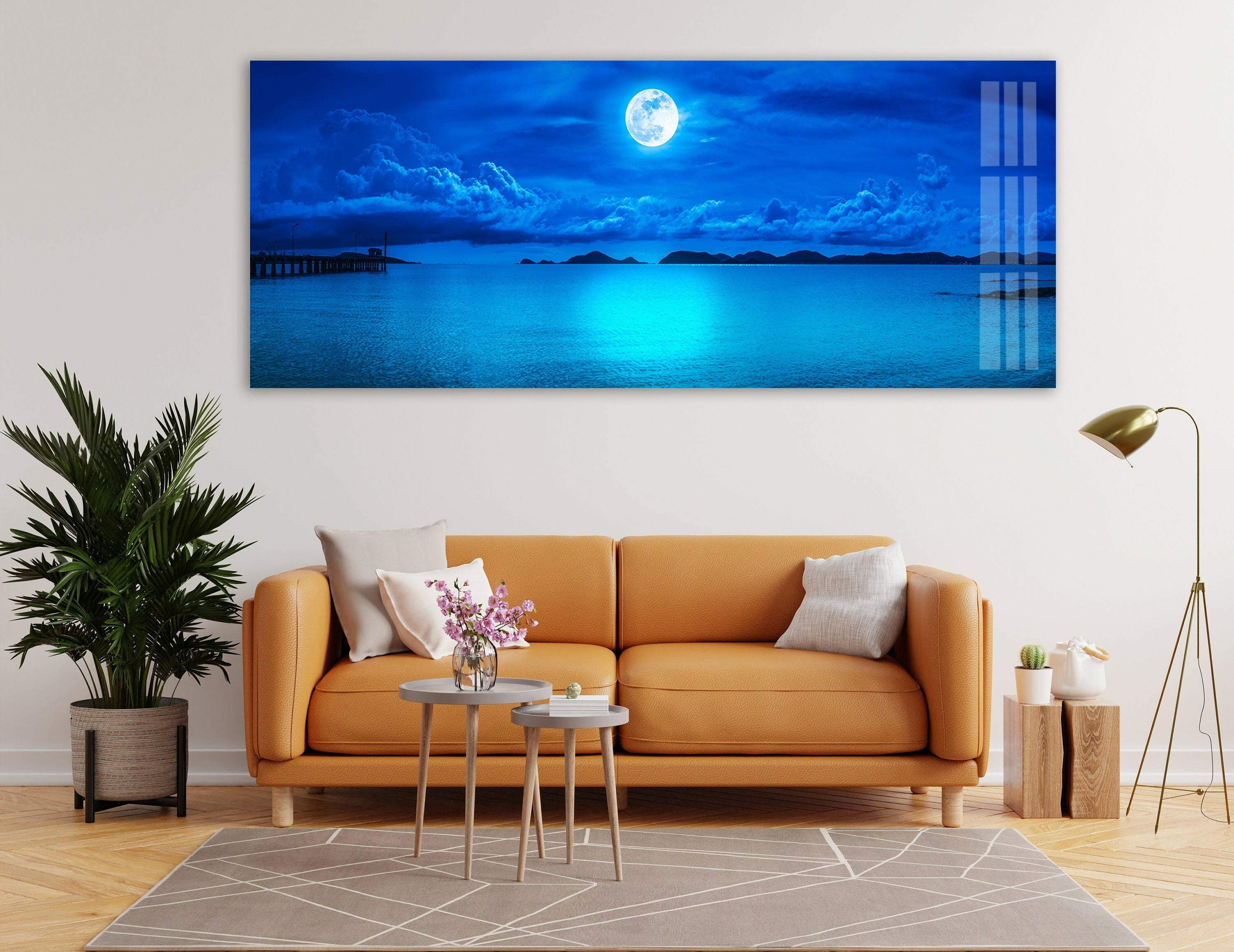 Blue Full Moon & Ocean Landscape Glass Wall Art - Stunning Home Decor for Living Room, Bedroom, or Office