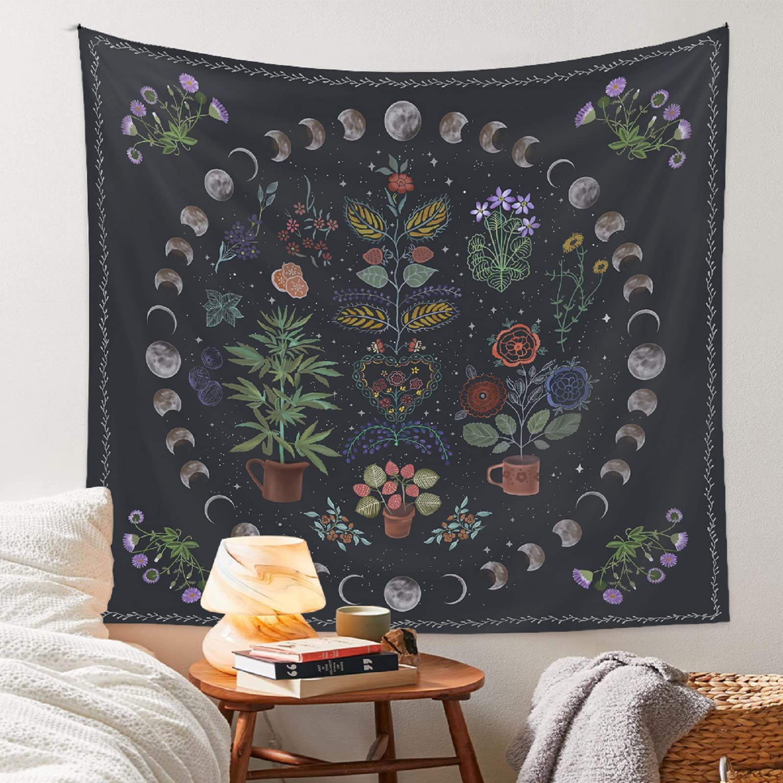 LINICE Moon Phase Plant Tapestry Wall Hanging - Bohemian Mandala Botanical Decor for Bedroom, Home & Dorm | Nature-Inspired Aesthetic Room Decor for Meditation Spaces & Boho Chic Interiors
