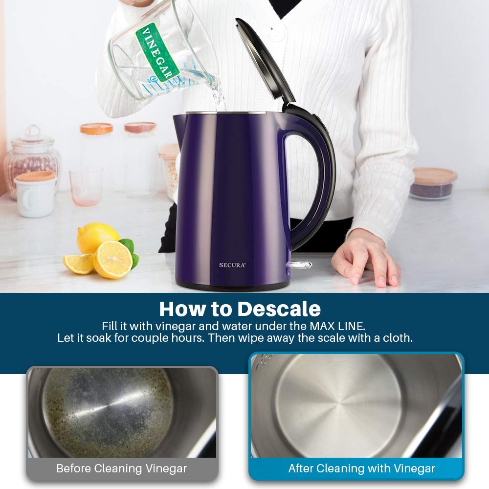 Secura 1.8 Quart Stainless Steel Electric Kettle with Auto Shut Off & Boil Dry Protection - Fast Heating, Quiet Operation for Coffee, Tea & Hot Beverages - Perfect for Home, Office & Dorm Use (Dark Purple)