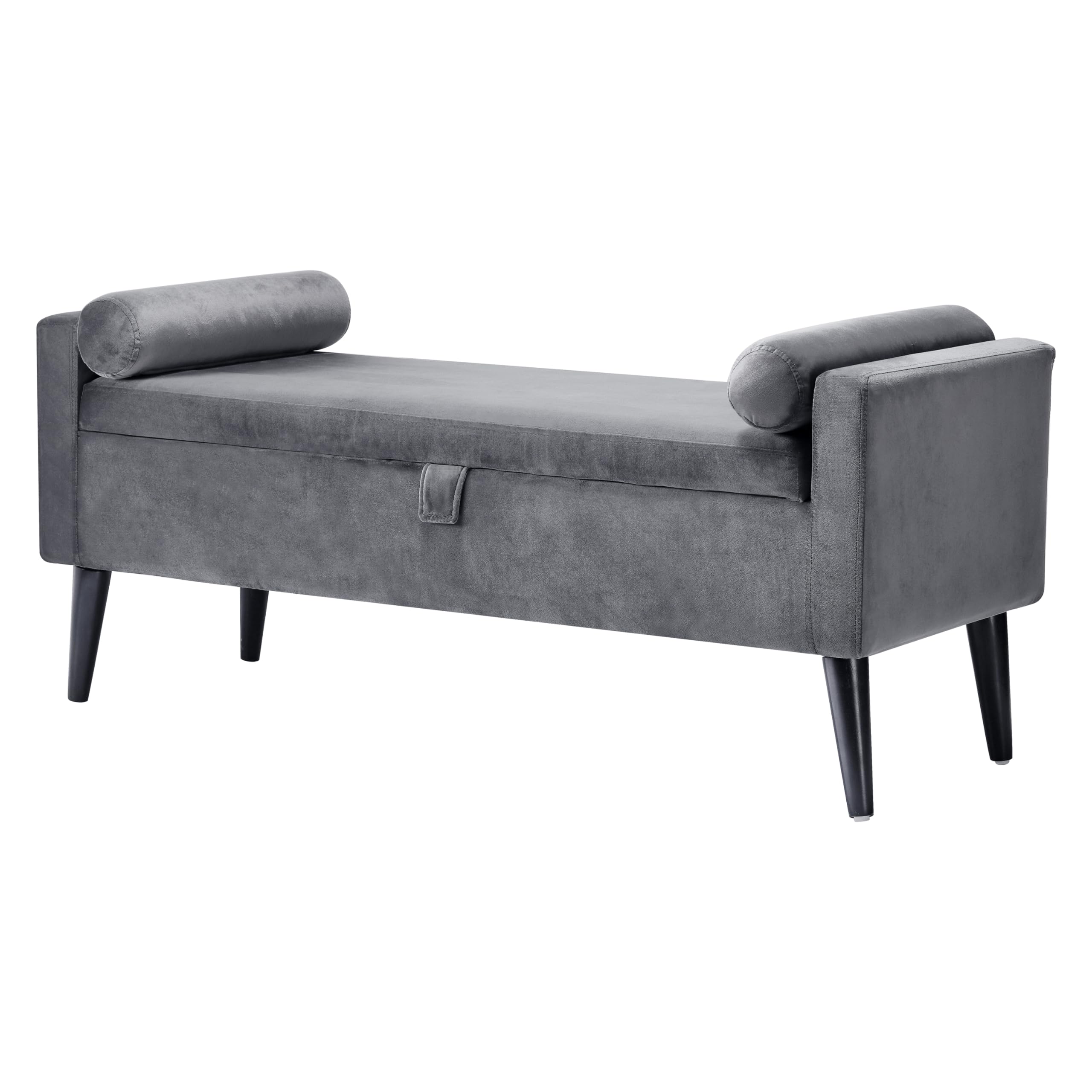 Velvet Upholstered Storage Bench with 2 Pillows - Long Ottoman Bench for Bedroom, End of Bed, Window Seat - Soft Gray Indoor Bench with Hidden Storage - Perfect for Small Space Organization & Extra Seating
