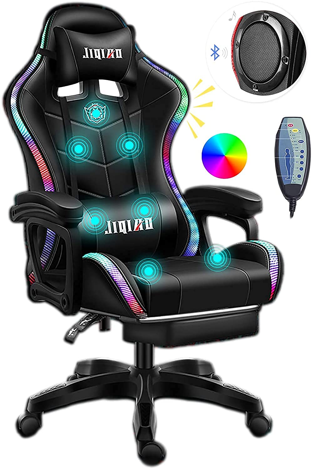 Ergonomic Gaming Chair with Bluetooth Speakers & RGB Lights - Adjustable Lumbar Support & Massage Function for PC/Console Gamers - Perfect for Esports, Streaming & Home Office Setup