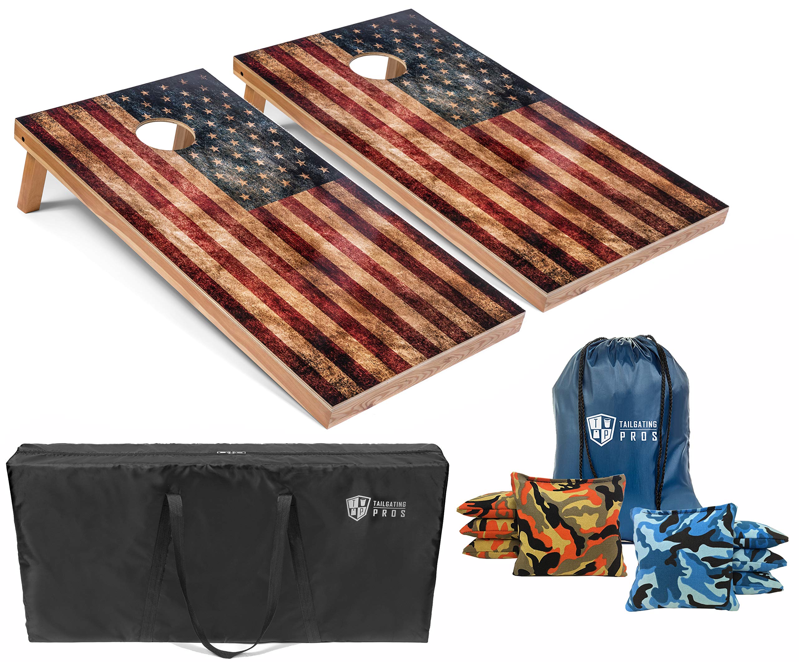 Premium Tournament-Grade 4'x2' Rustic American Flag Cornhole Boards Set with 8 Bean Bags & Carry Case - Durable Outdoor Tailgating Game for Backyard Parties, BBQs, and Sporting Events