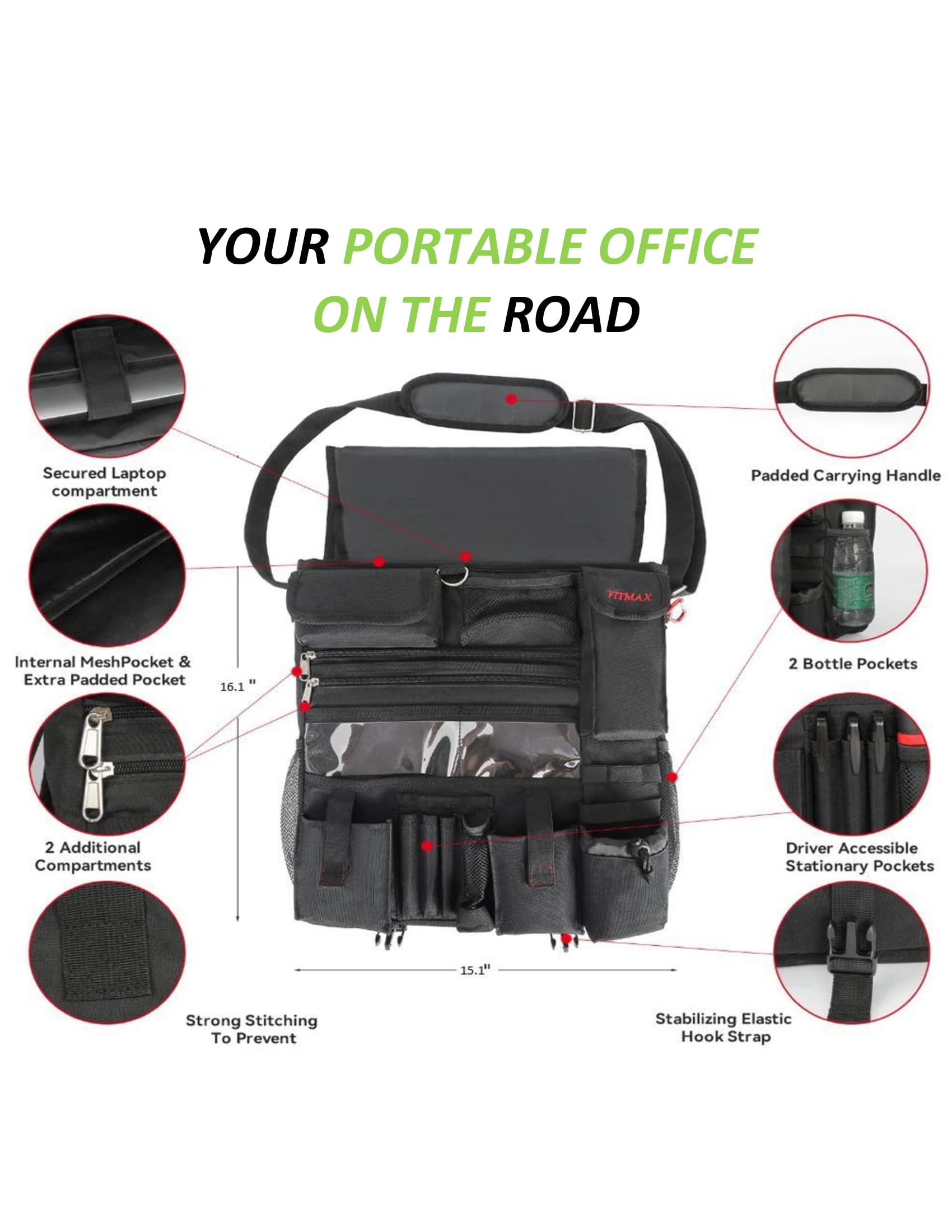 Professional Car & Truck Front Seat Organizer - Patrol Police Bag with Secure Laptop Storage & 25 Compartments | Office on the Go for Police, Delivery Drivers & Commuters