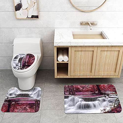 4Pcs Forest Waterfall Shower Curtain Set with Non-Slip Bath Mat & Toilet Cover - Waterproof Scenic Bathroom Decor for Modern Home - Perfect for Spa, Bathroom Makeover & Nature-Themed Interior Design