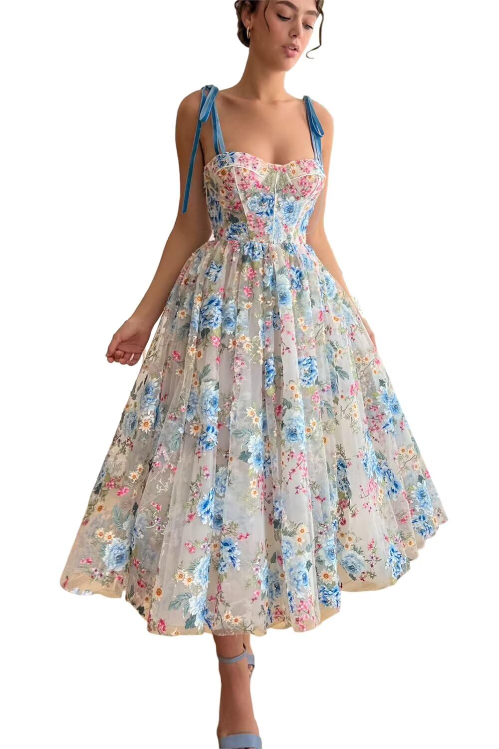 Wchecalino Women's Floral Print Tulle Prom Dress Tea Length 2025 Spaghetti Straps Formal Evening Gown - Perfect for Homecoming, Wedding Guest, Cocktail Party & Special Occasions