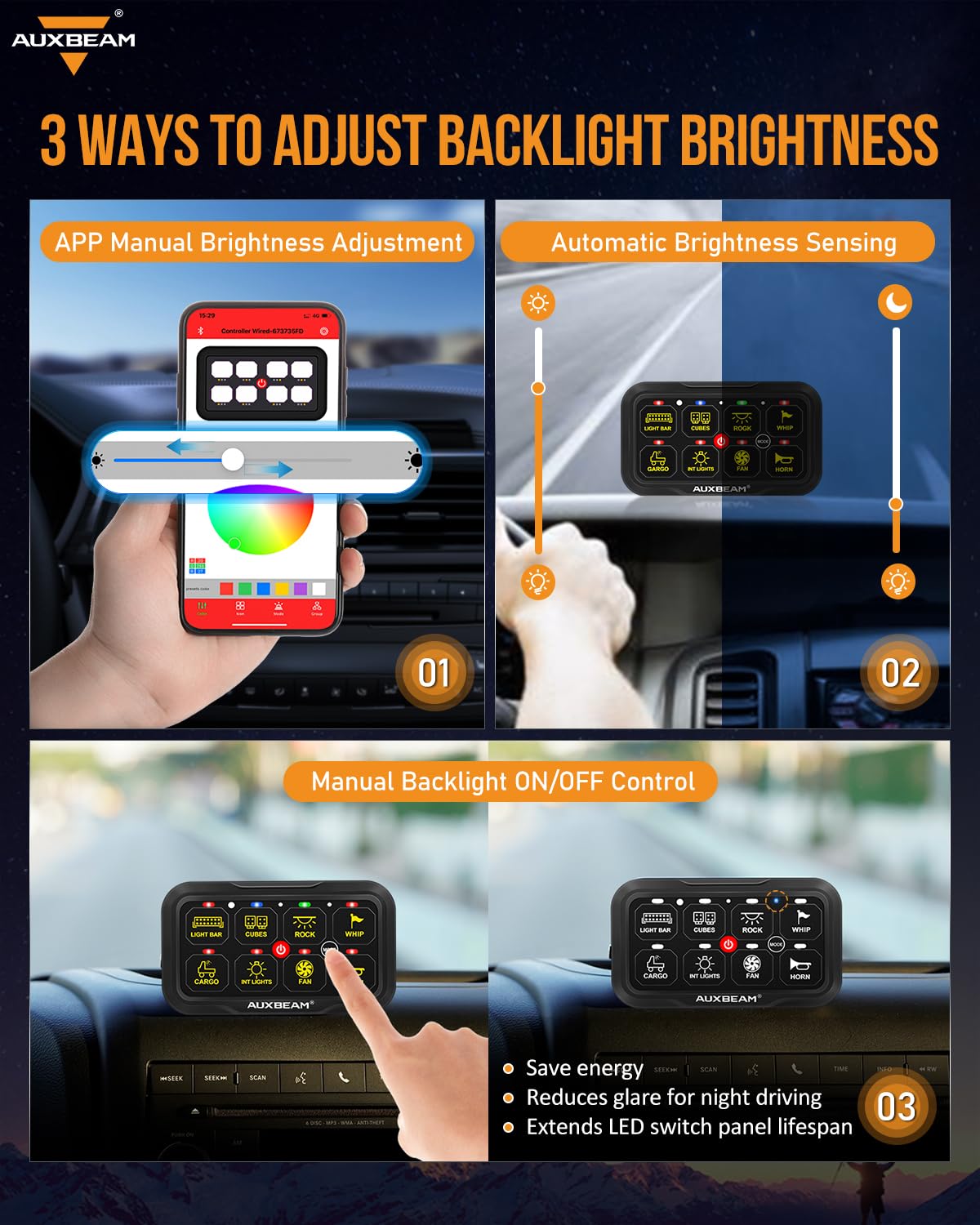 Auxbeam AR-800 8 Gang RGB Bluetooth Switch Panel - 12-24V Waterproof LED Backlit Toggle & Momentary Switches for Trucks, SUVs, ATVs, Marine & RVs | Off-Roading, Camping & Vehicle Customization | 2-Year Warranty