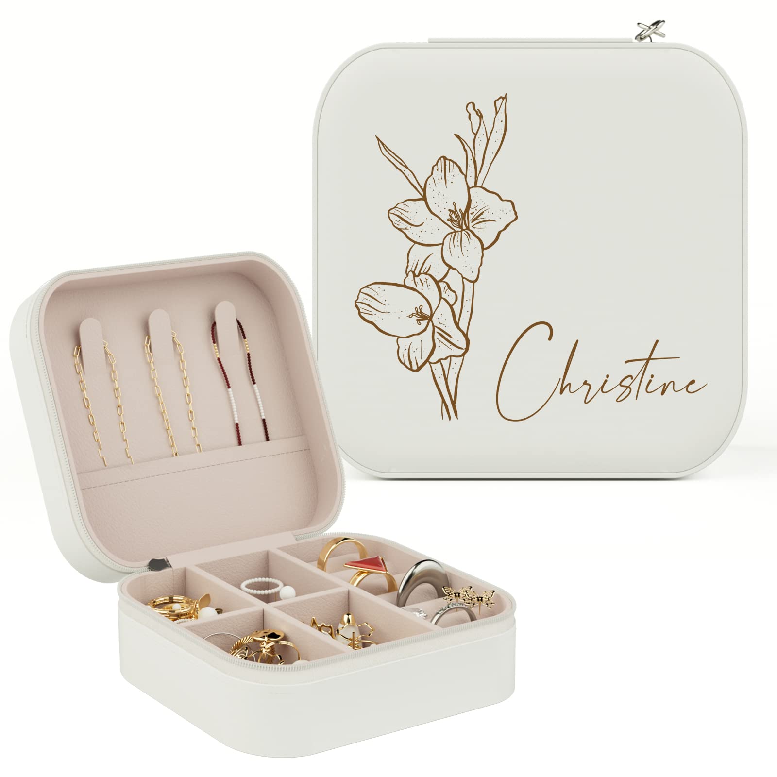 Personalized Jewelry Box for Women - Custom Travel Jewelry Organizer with Birth Flower & Name, Portable Small Jewelry Case | Perfect Bridesmaid Gifts, Wedding Gifts, Birthday & Anniversary Presents for Mom, Wife, Girlfriend | Great for Travel, Home Storage & Special Occasions