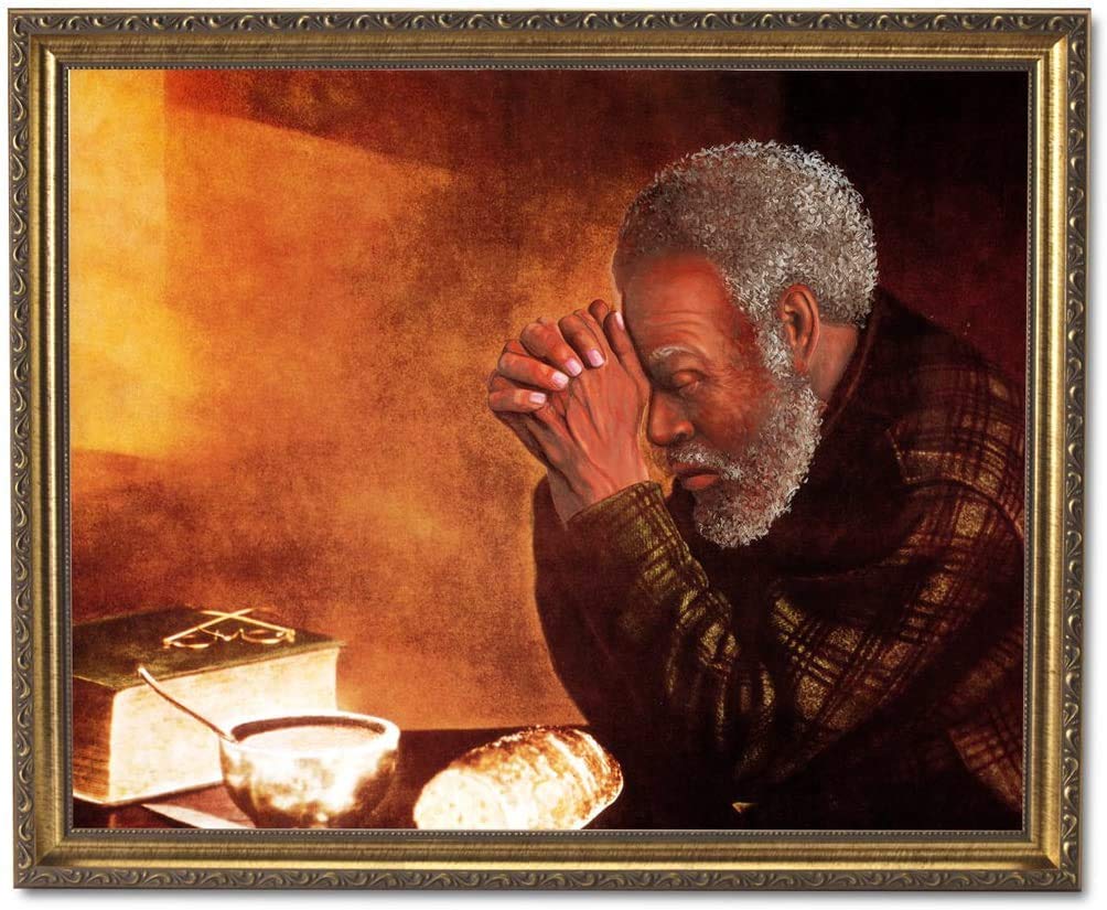 8x10 Inch Gold Framed Religious Wall Art - African American Man Praying at Dinner Table, Daily Bread Christian Home Decor for Living Room, Bedroom & Church