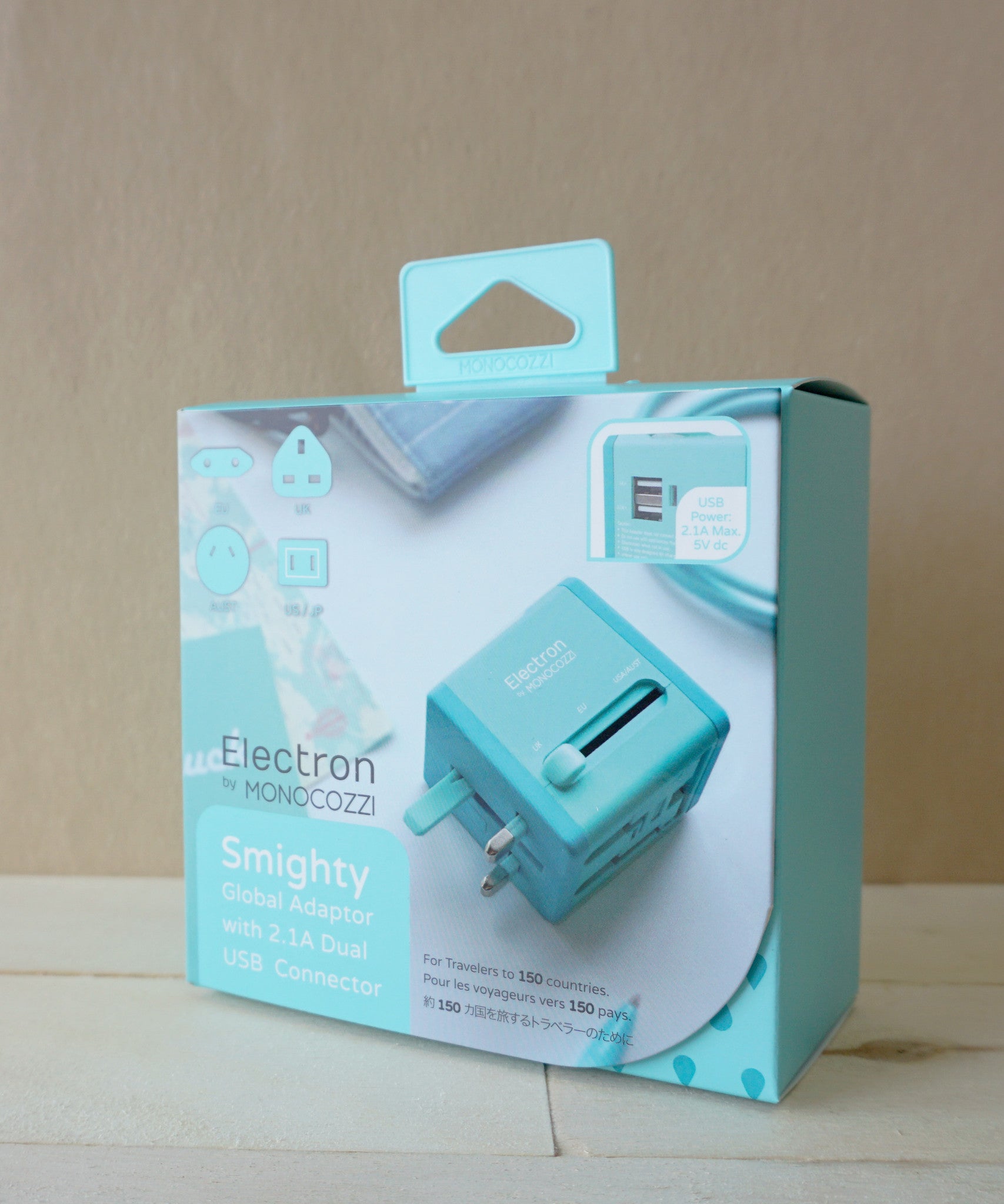 Monocozzi Smighty Global Travel Adapter with 2.1A Dual USB Ports - Universal Power Converter for International Travel (US/EU/UK/AU) - Perfect for Charging Phones, Tablets & Laptops on Vacation or Business Trips