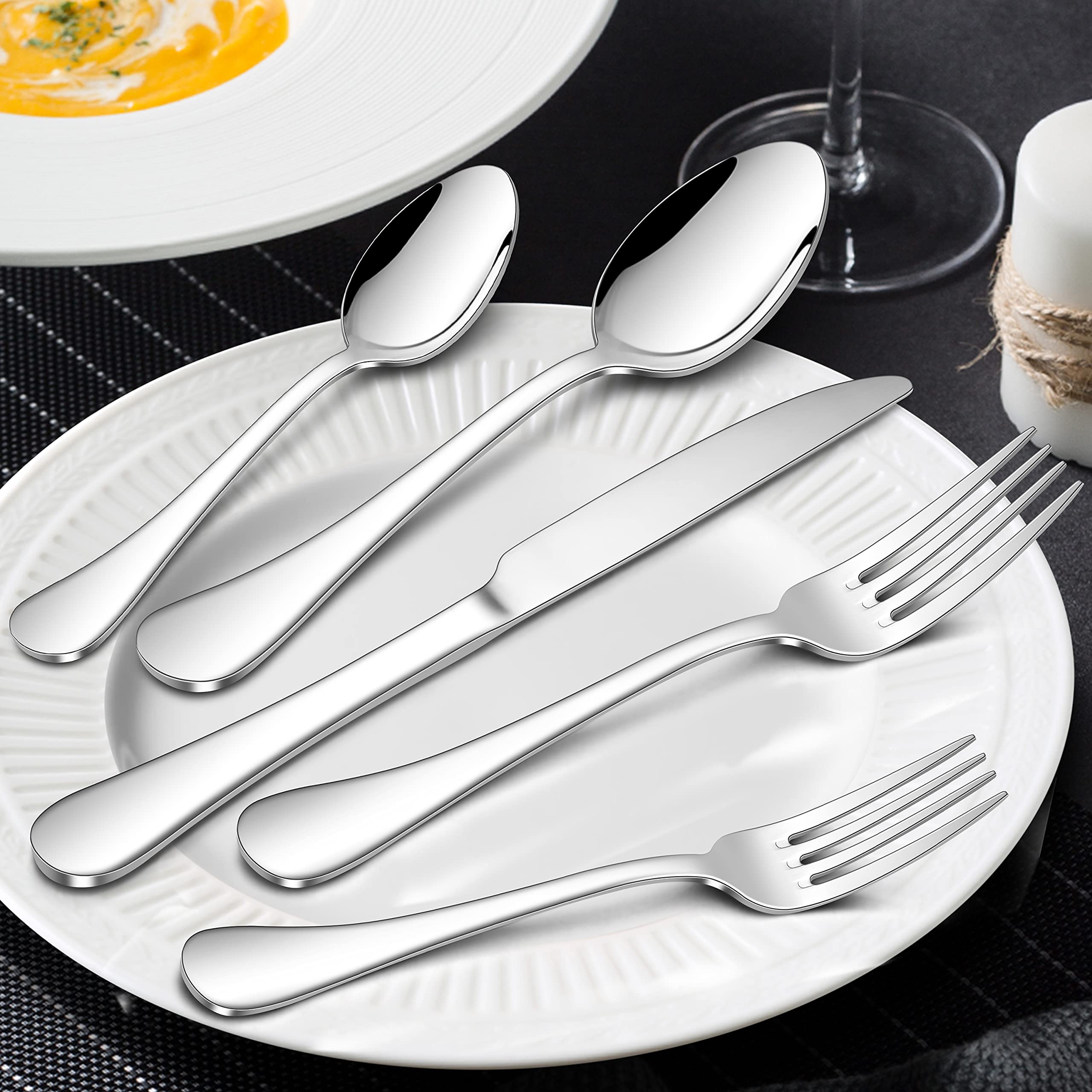 Premium 18/10 Stainless Steel Flatware Set - 60 Piece Silverware Cutlery Set for 12 People, Mirror Polished Dishwasher Safe Tableware for Home, Restaurant & Wedding - Elegant Dining Utensils for Everyday Meals, Dinner Parties & Special Occasions