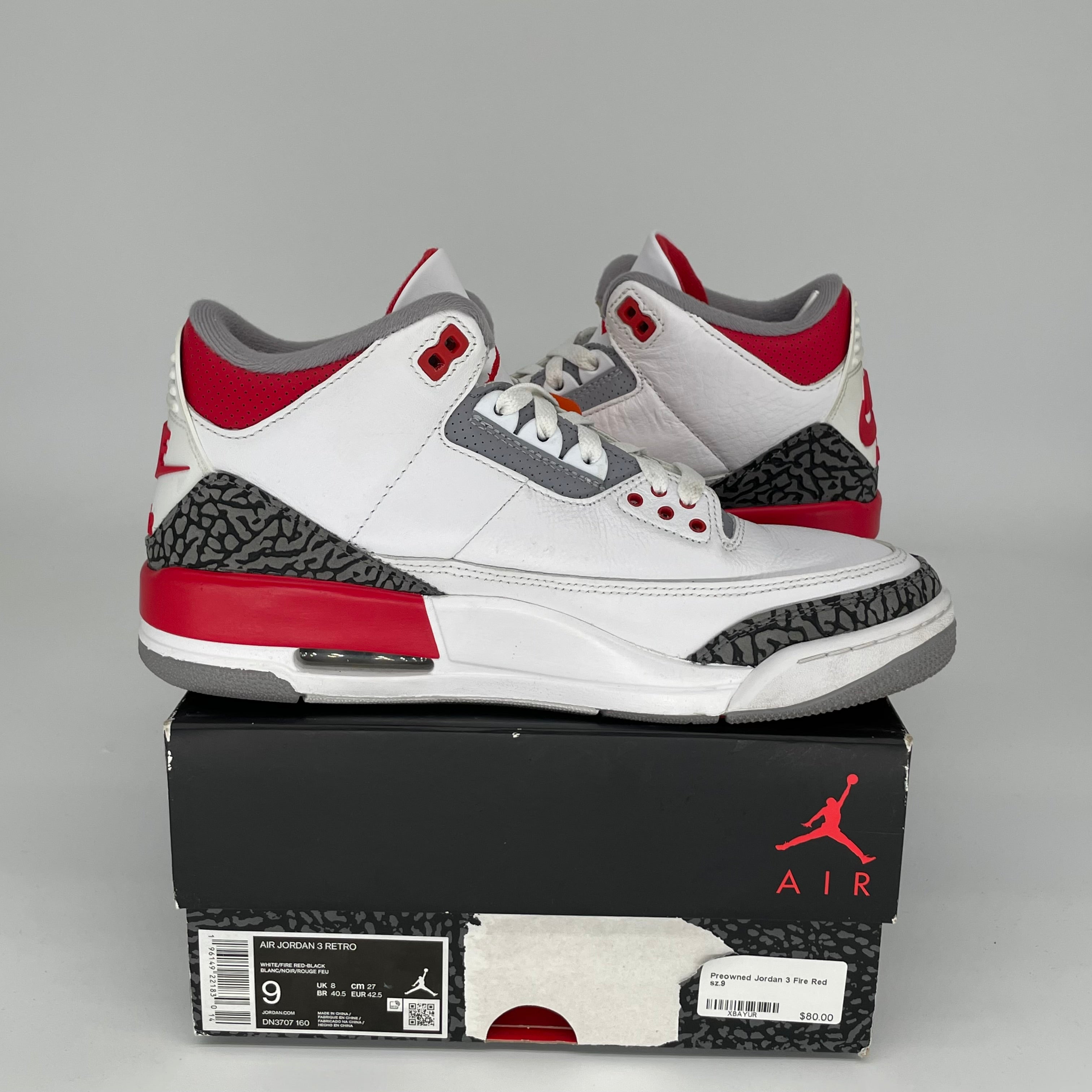 Original Air Jordan 3 Retro 'Fire Red' Men's Basketball Shoes Size 9 DN3707-160 - Perfect for Streetwear, Sneaker Collecting & Casual Sports