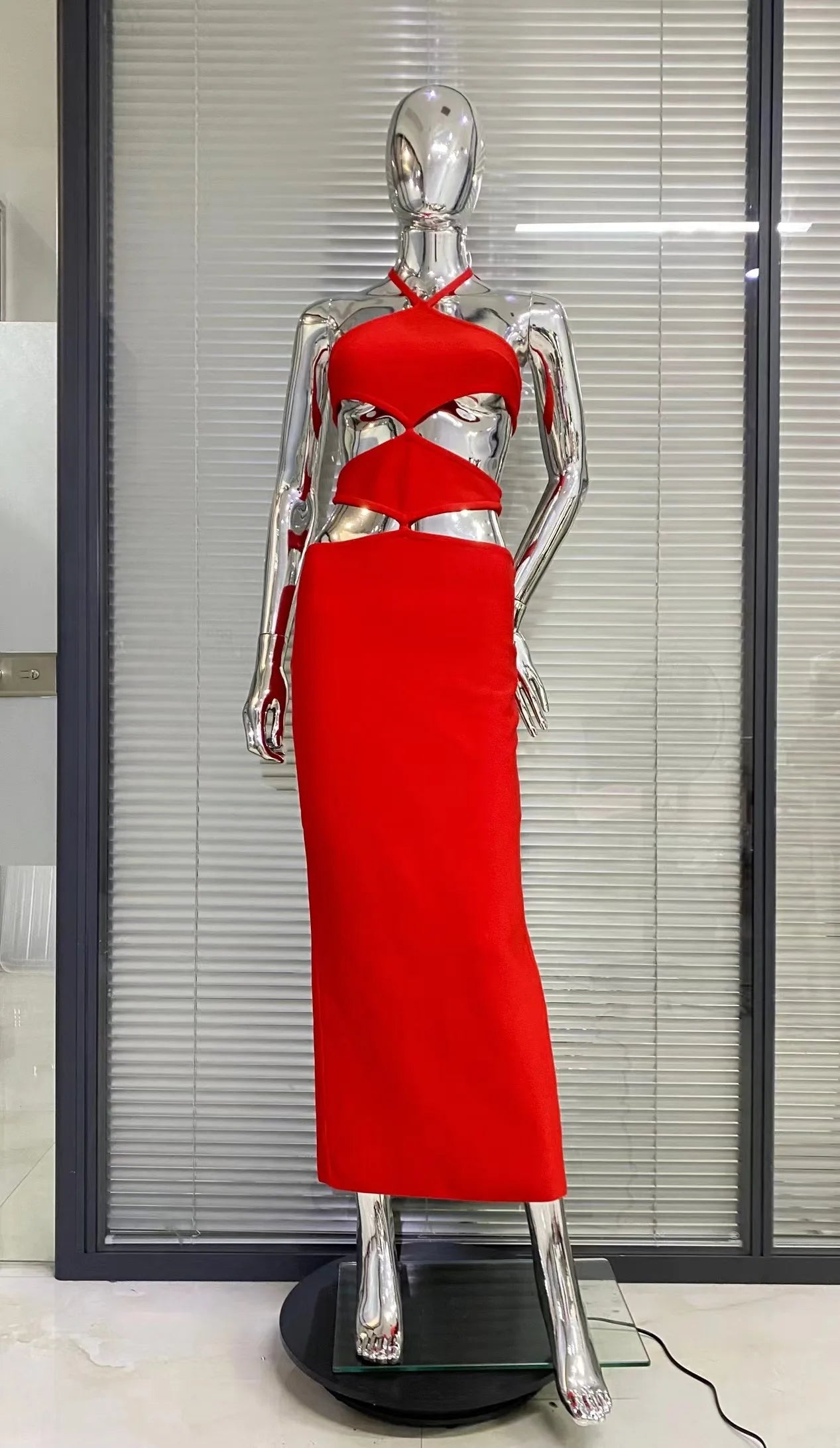 2023 New Summer Red Women's Sexy Halter Cut-Out Bodycon Bandage Long Dress for Birthday, Christmas & Cocktail Parties | Elegant Evening Gown for Club, Date Night & Special Occasions