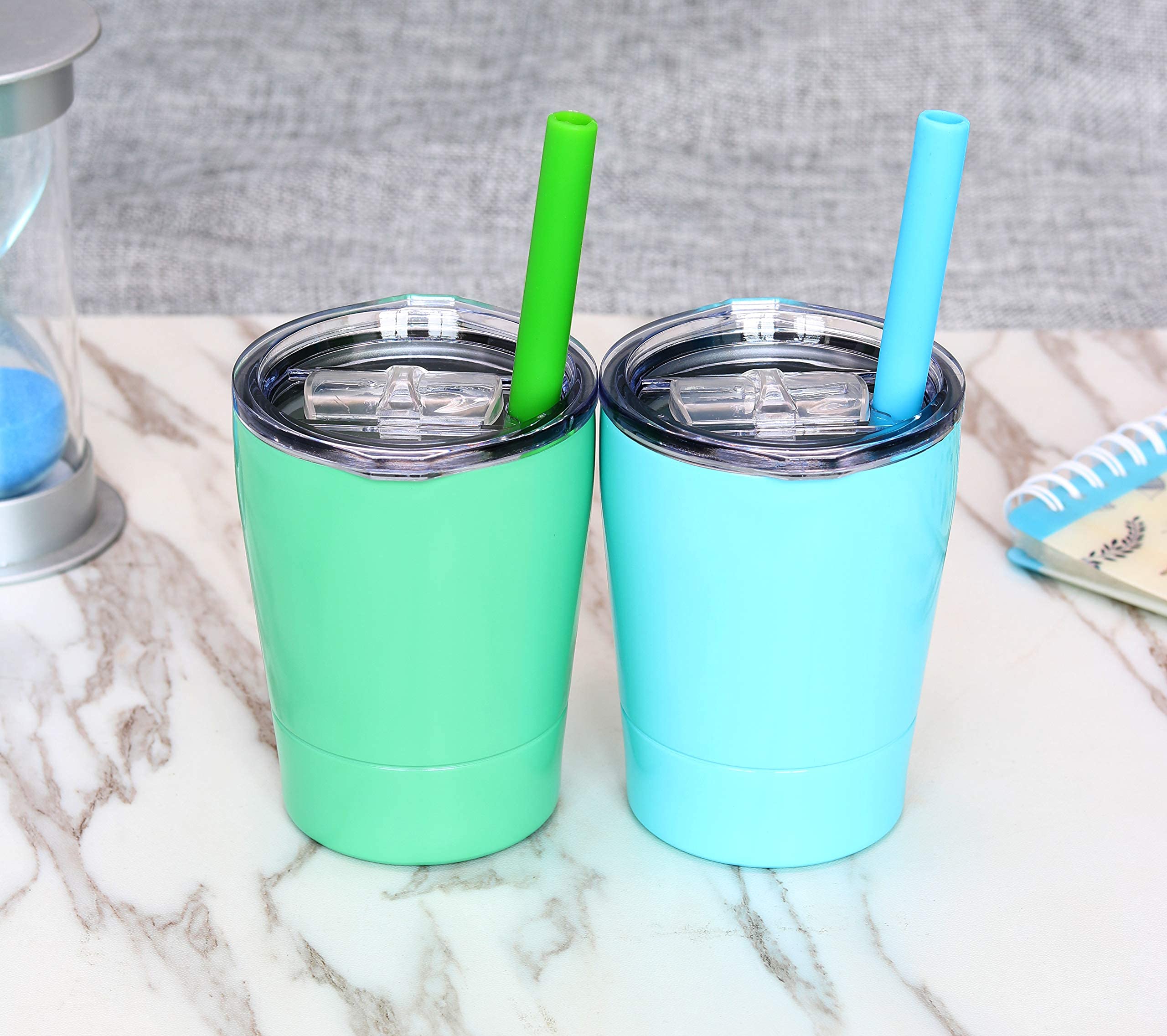 Stainless Steel Kids Straw Cup Set of 2 - Insulated Toddler Tumbler with Lid for Smoothie, Milk & Juice - 8.5oz Leakproof Travel Cup for Boys & Girls - Perfect for School, Picnics & Outdoor Activities (Teal Mint)