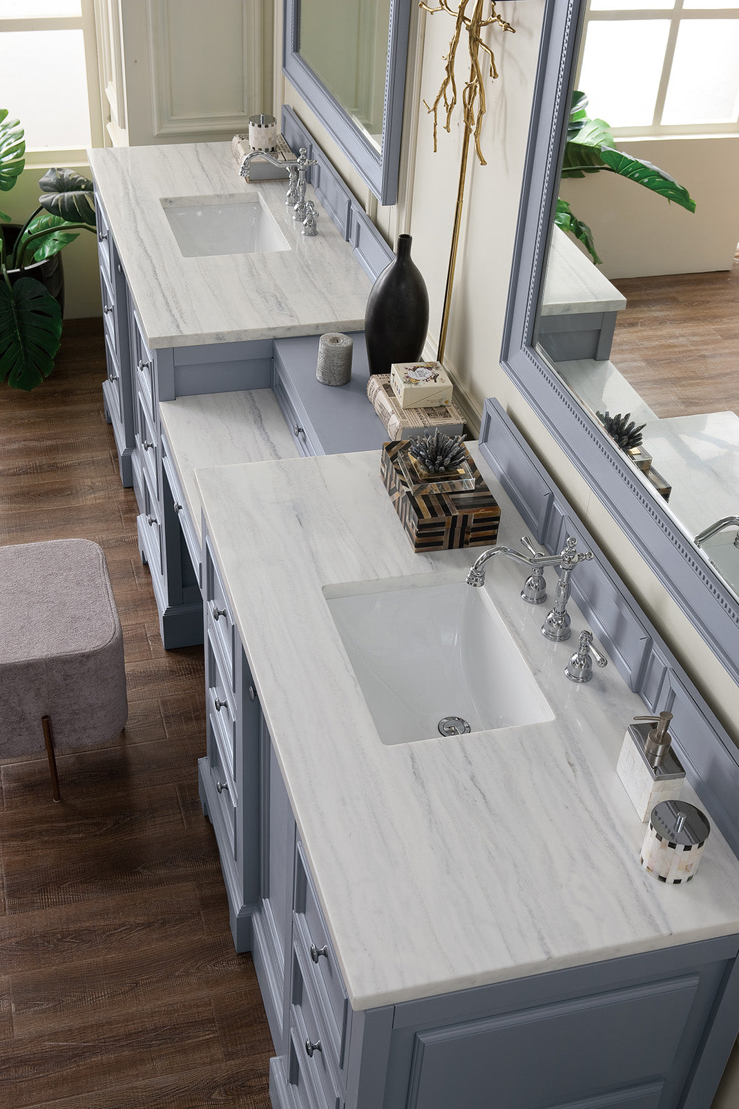 De Soto 118 Double Vanity Set with Makeup Table - Silver Gray Bathroom Vanity with 3CM Arctic Fall Solid Surface Top for Master Bathroom Remodeling & Home Decor