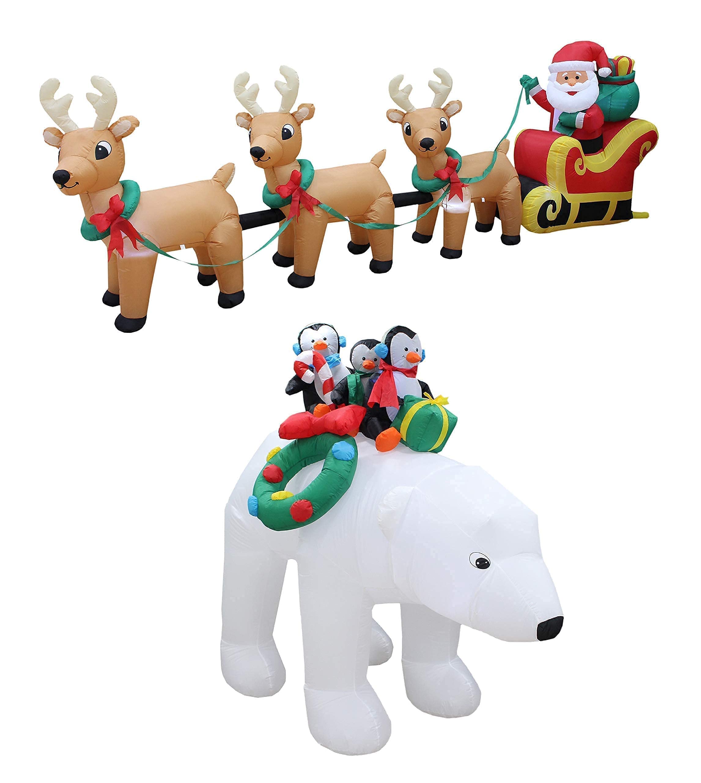 12ft Christmas Inflatable Santa Claus on Sleigh with 3 Reindeer & 8ft Inflatable 3 Penguins on Polar Bear - Outdoor Holiday Decorations Bundle for Xmas Yard, Party, and Home Decoration